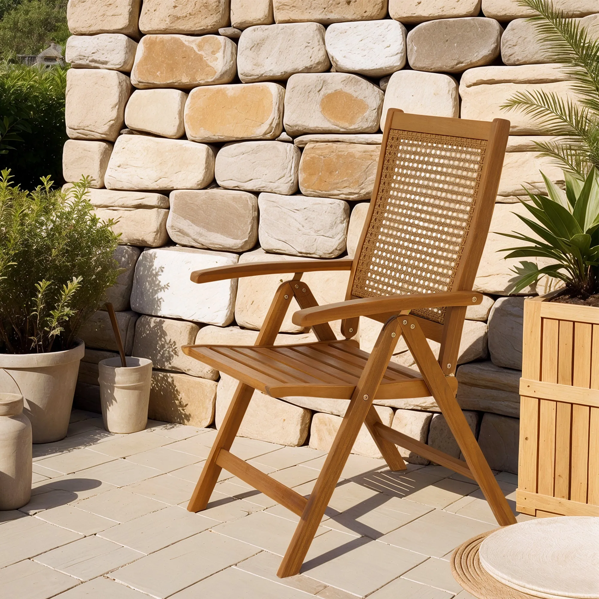 Outdoor Folding Chair, Acacia Wood Foldable Camping Chair with 5-Level Adjustable Back, Slatted Seat, Armrest for Camping, Garden, Pool, Beach, Backyard, Teak