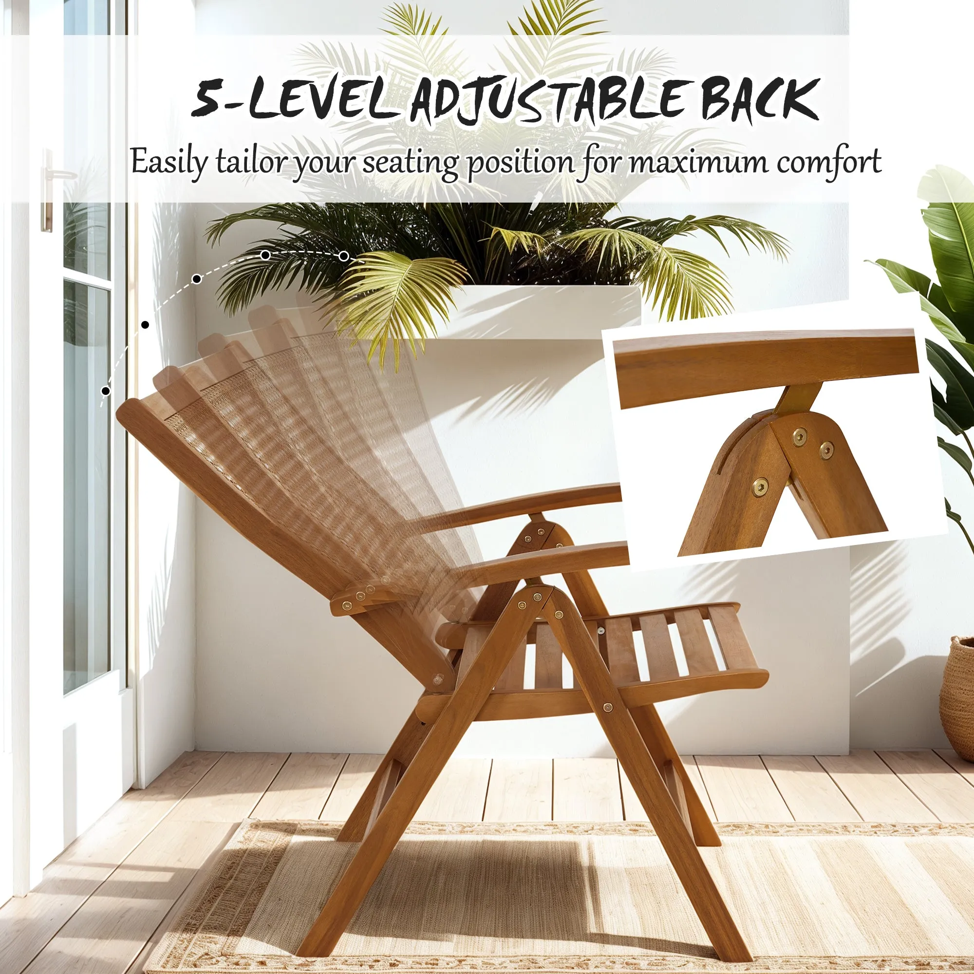 Outdoor Folding Chair, Acacia Wood Foldable Camping Chair with 5-Level Adjustable Back, Slatted Seat, Armrest for Camping, Garden, Pool, Beach, Backyard, Teak