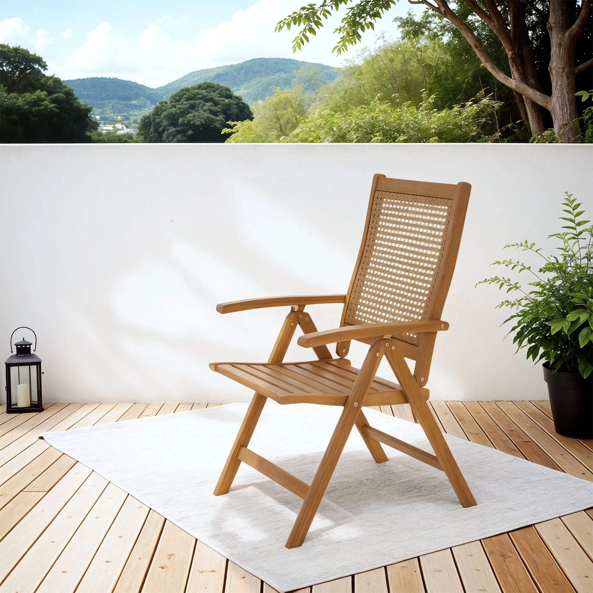 Outdoor Folding Chair, Acacia Wood Foldable Camping Chair with 5-Level Adjustable Back, Slatted Seat, Armrest for Camping, Garden, Pool, Beach, Backyard, Teak