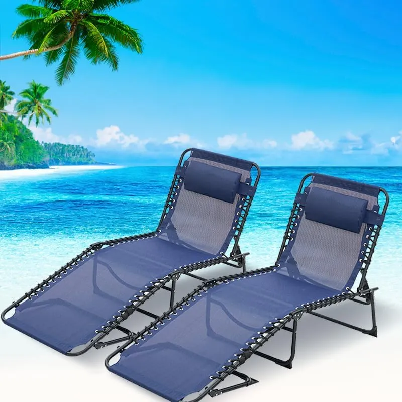 Outdoor Folding Chaise Lounge Chair Set of 2, Multi-Position Reclining Beach Chairs, Navy Blue Mesh, 74.4x23.6 inches