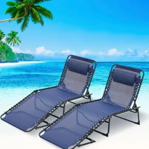 Outdoor Folding Chaise Lounge Chair Set of 2, Multi-Position Reclining Beach Chairs, Navy Blue Mesh, 74.4x23.6 inches