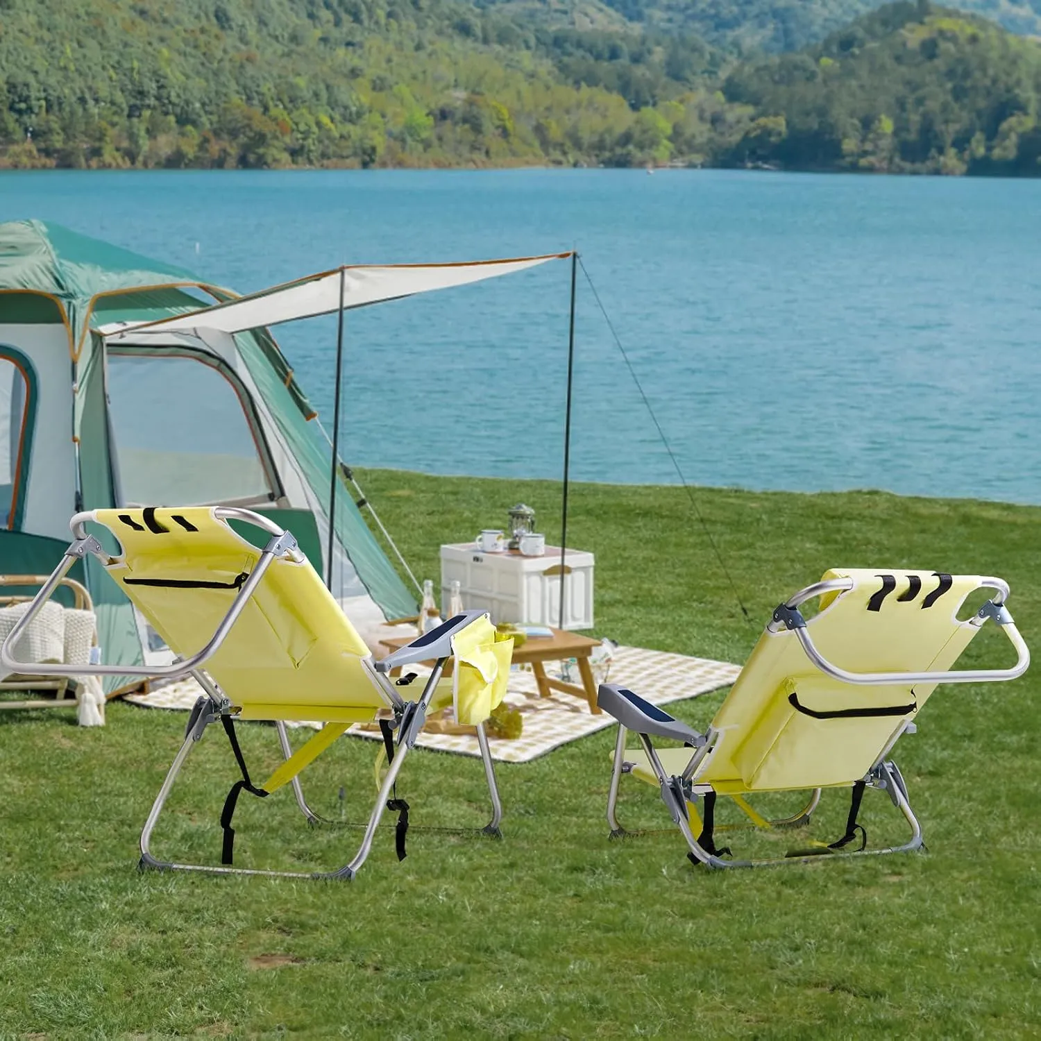 Outdoor High Beach Lawn Chair,Portable Lightweight Folding Chair for Adults,Portable Backpack Foldable Camping Chair,with Cup Holder,for Patio Pool Yard Garden (Yellow)
