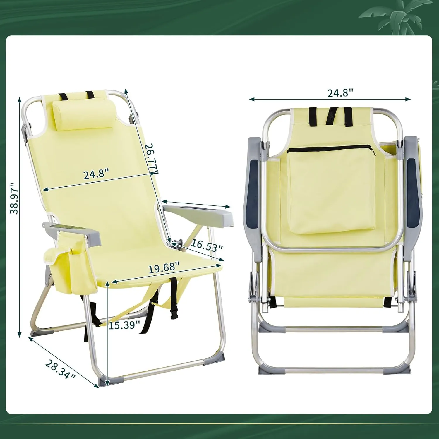 Outdoor High Beach Lawn Chair,Portable Lightweight Folding Chair for Adults,Portable Backpack Foldable Camping Chair,with Cup Holder,for Patio Pool Yard Garden (Yellow)