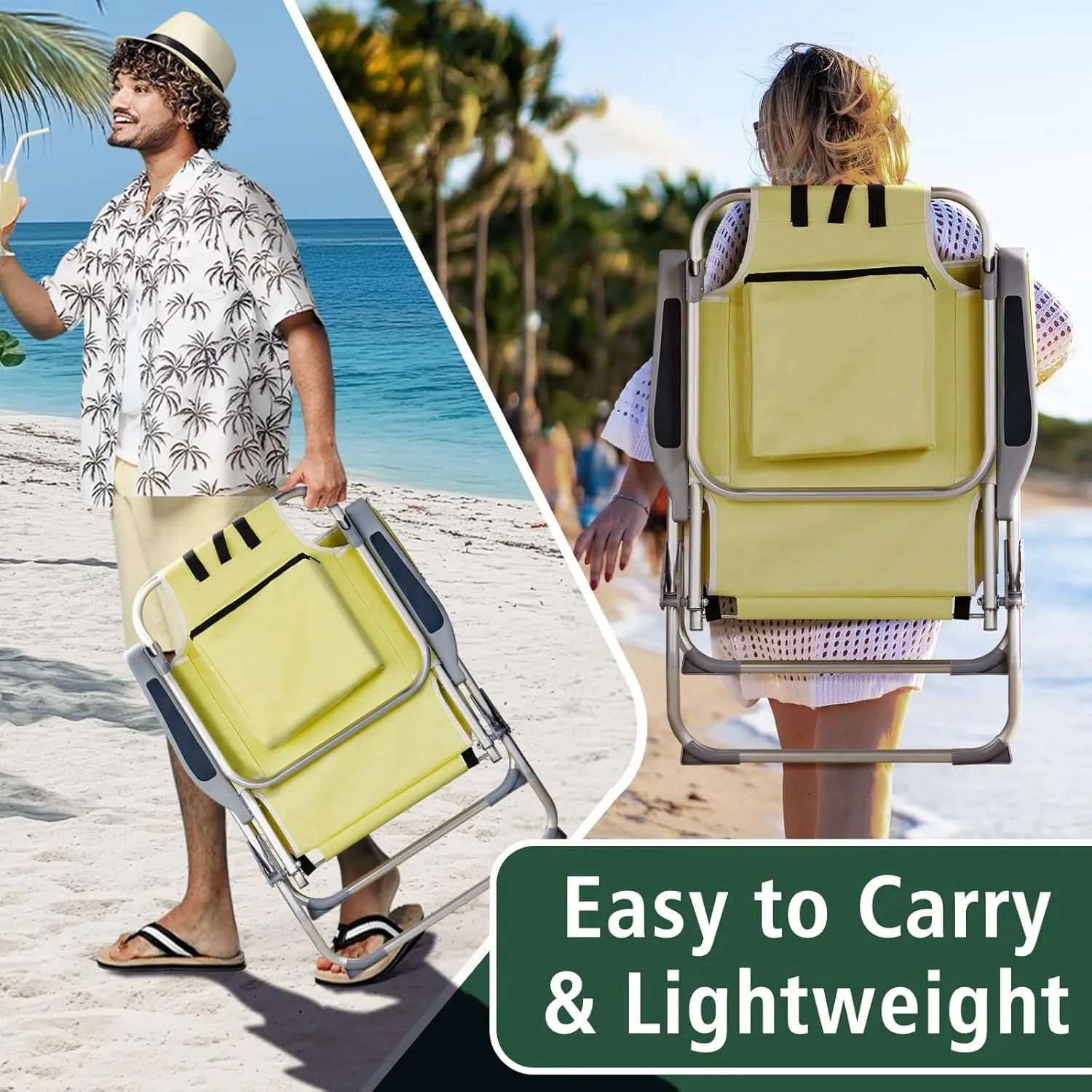 Outdoor High Beach Lawn Chair,Portable Lightweight Folding Chair for Adults,Portable Backpack Foldable Camping Chair,with Cup Holder,for Patio Pool Yard Garden (Yellow)