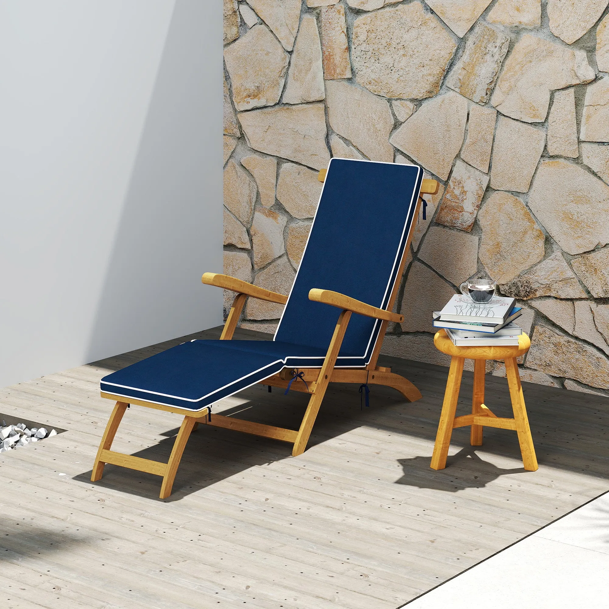 Outdoor Lounge Chair, Acacia Wood Folding Chaise Lounge Chair Recliner with Adjustable Footrest, Padded Cushion, Recline Back and Armrests for Patio Garden, Navy Blue