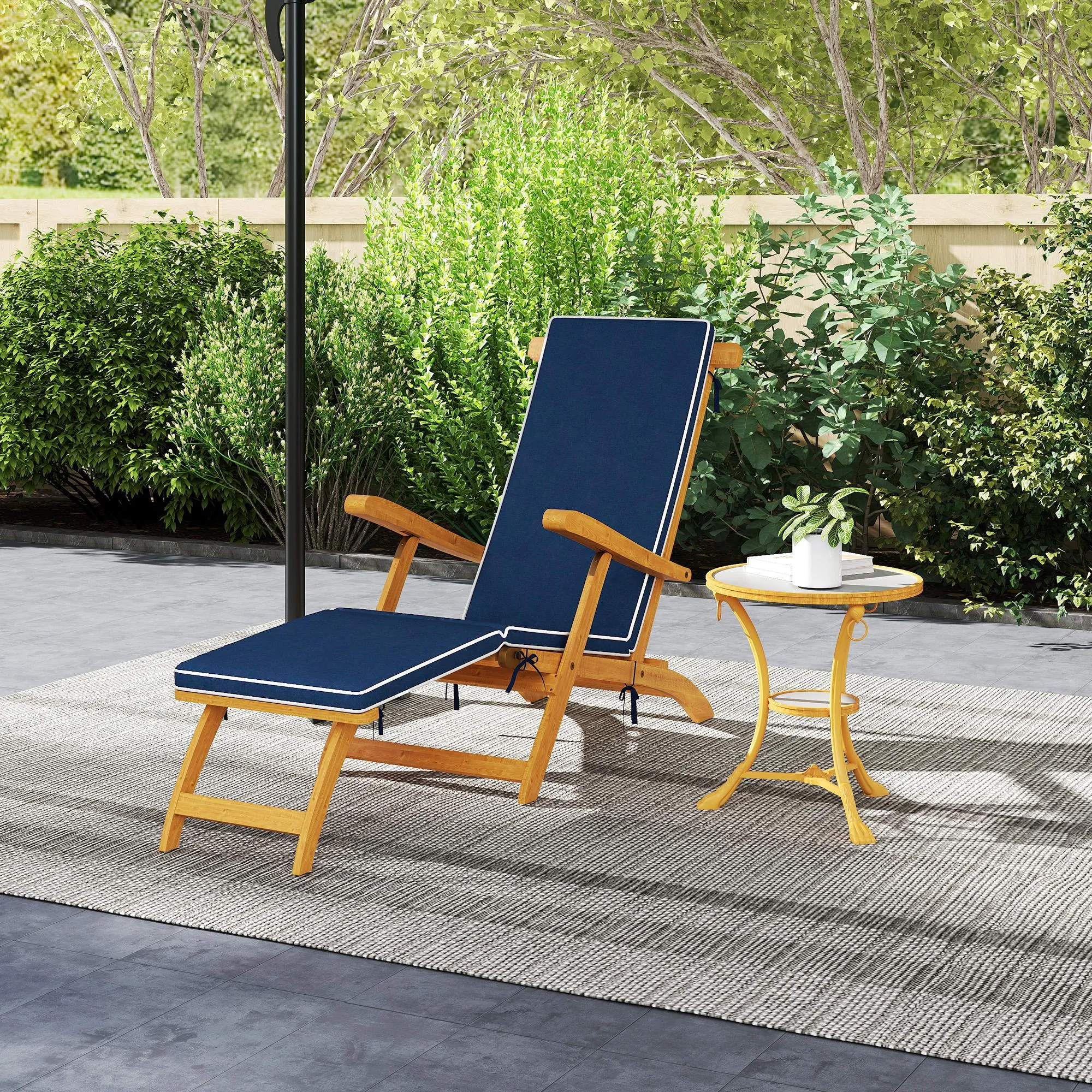 Outdoor Lounge Chair, Acacia Wood Folding Chaise Lounge Chair Recliner with Adjustable Footrest, Padded Cushion, Recline Back and Armrests for Patio Garden, Navy Blue