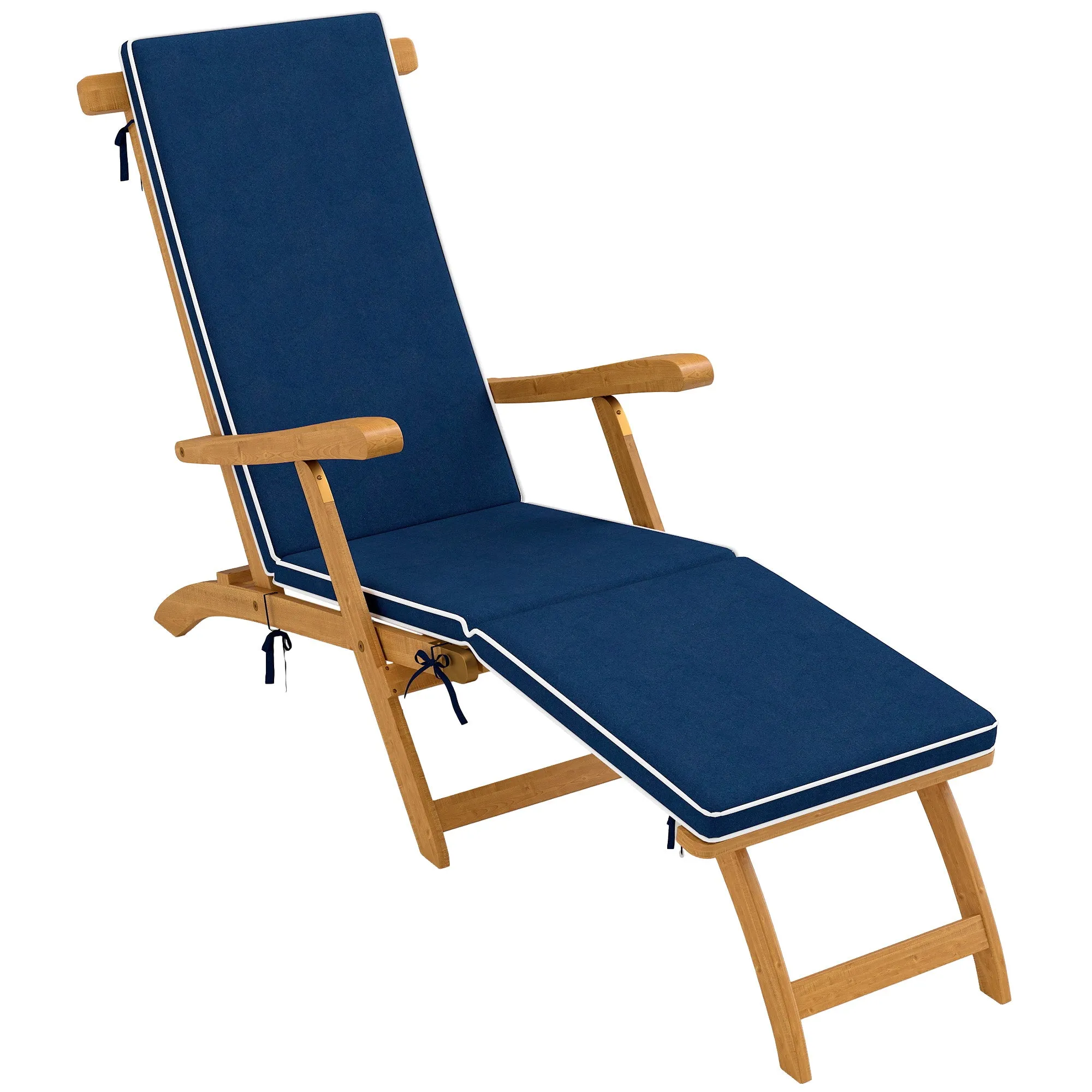 Outdoor Lounge Chair, Acacia Wood Folding Chaise Lounge Chair Recliner with Adjustable Footrest, Padded Cushion, Recline Back and Armrests for Patio Garden, Navy Blue