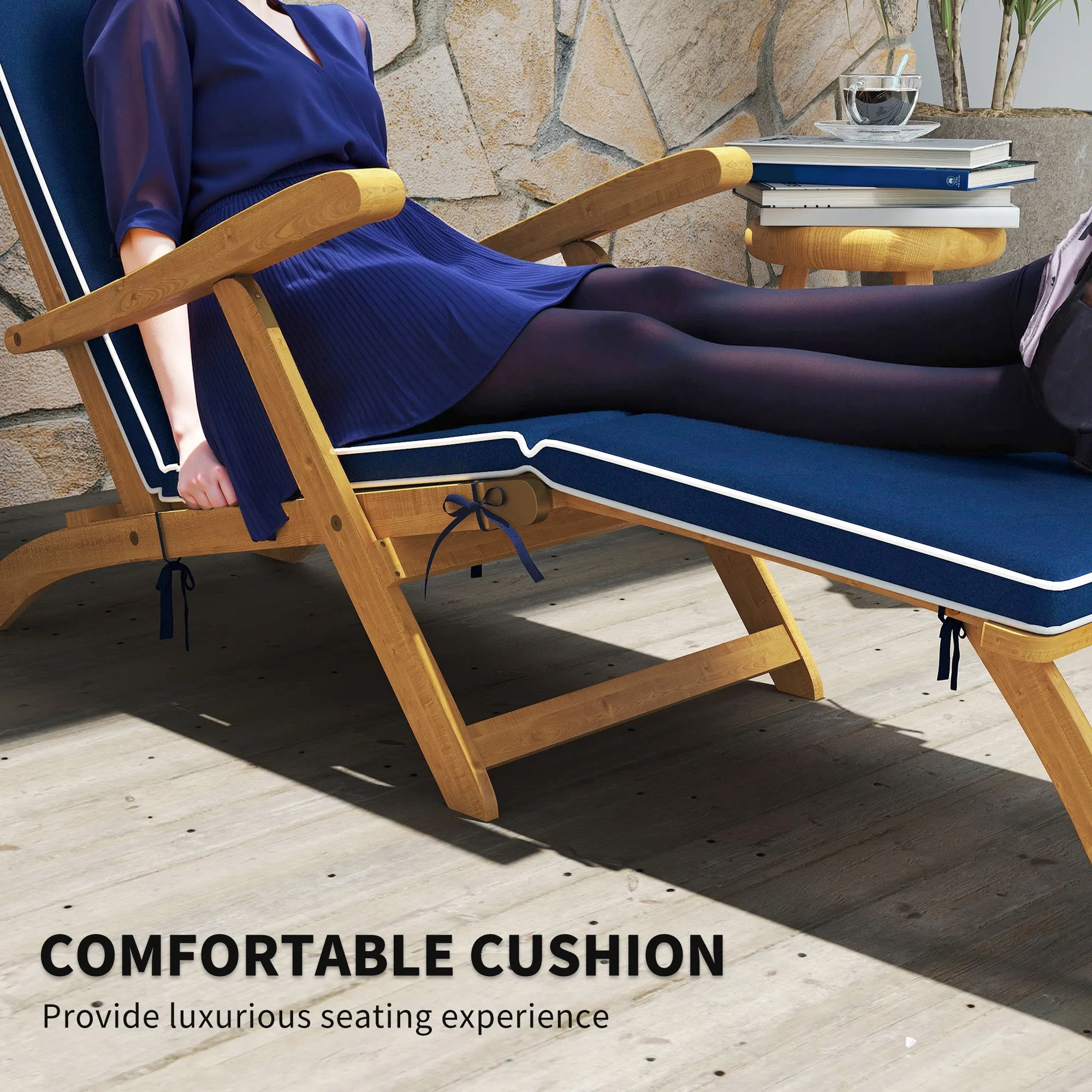 Outdoor Lounge Chair, Acacia Wood Folding Chaise Lounge Chair Recliner with Adjustable Footrest, Padded Cushion, Recline Back and Armrests for Patio Garden, Navy Blue