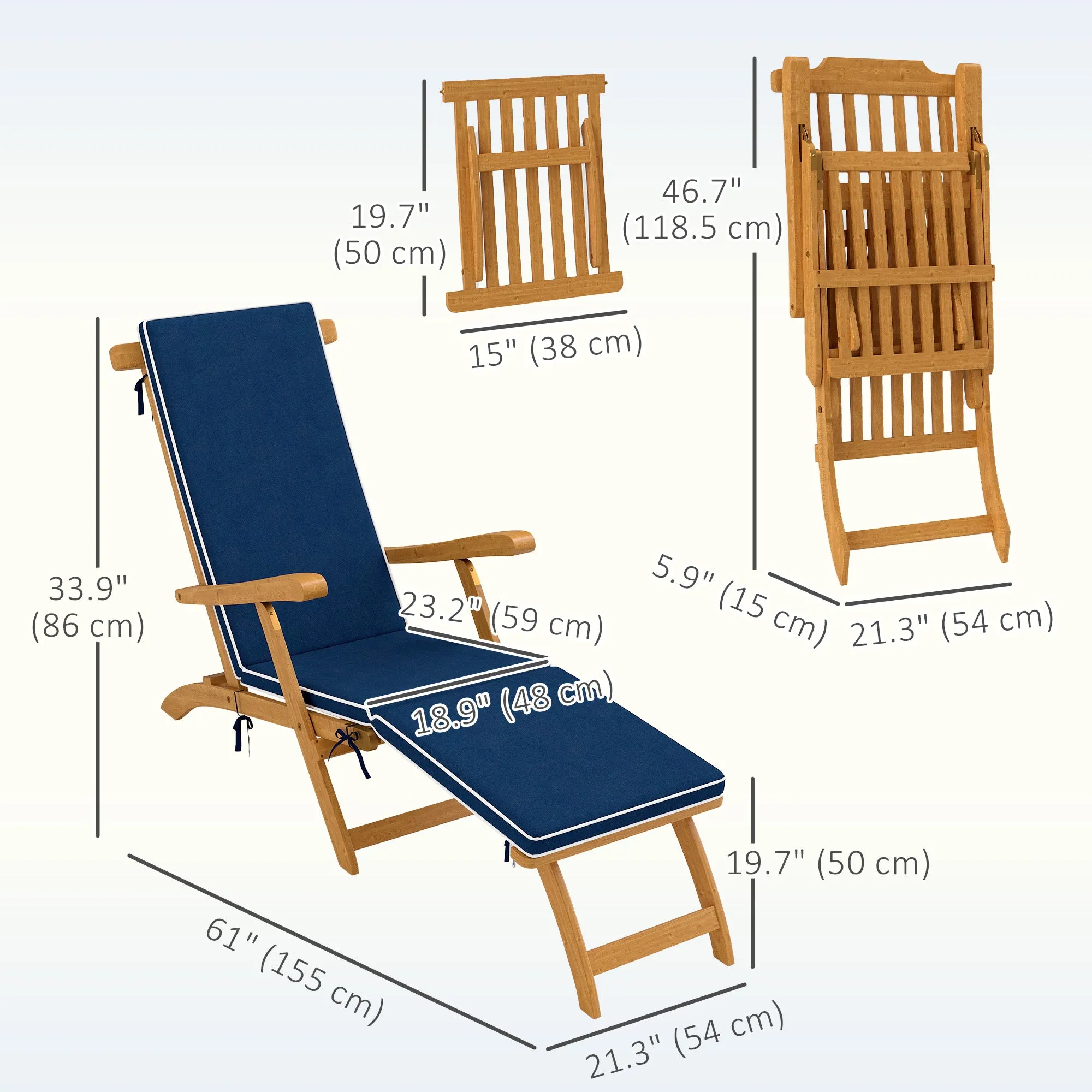 Outdoor Lounge Chair, Acacia Wood Folding Chaise Lounge Chair Recliner with Adjustable Footrest, Padded Cushion, Recline Back and Armrests for Patio Garden, Navy Blue