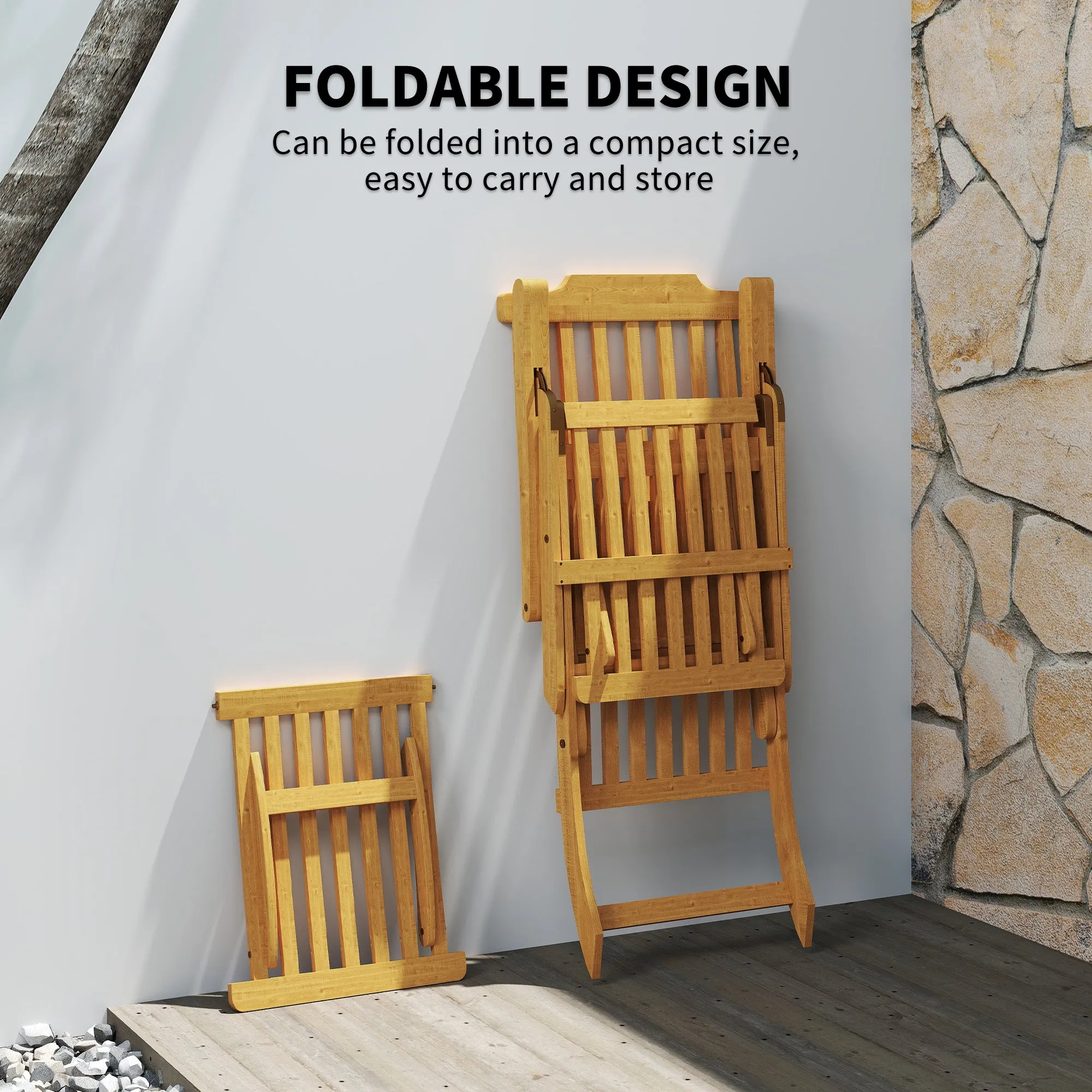 Outdoor Lounge Chair, Acacia Wood Folding Chaise Lounge Chair Recliner with Adjustable Footrest, Padded Cushion, Recline Back and Armrests for Patio Garden, Navy Blue