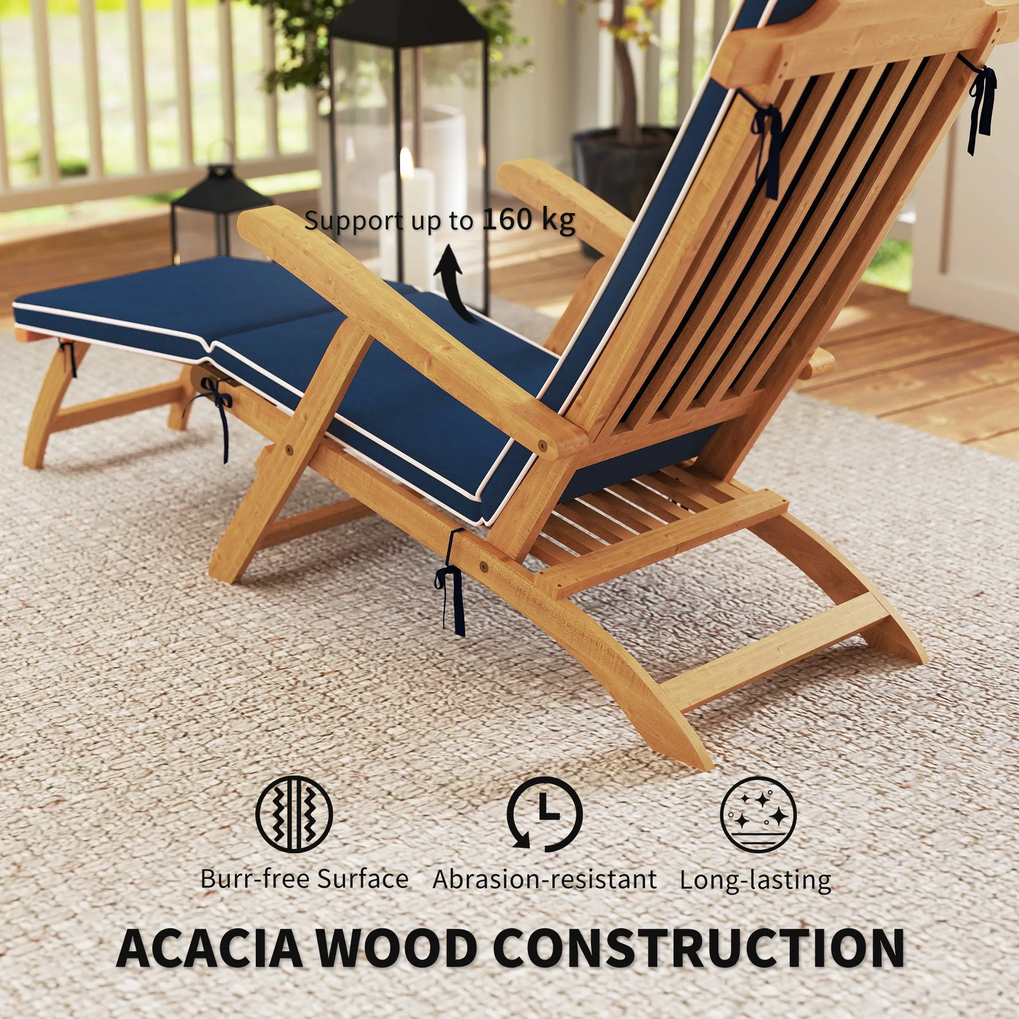 Outdoor Lounge Chair, Acacia Wood Folding Chaise Lounge Chair Recliner with Adjustable Footrest, Padded Cushion, Recline Back and Armrests for Patio Garden, Navy Blue