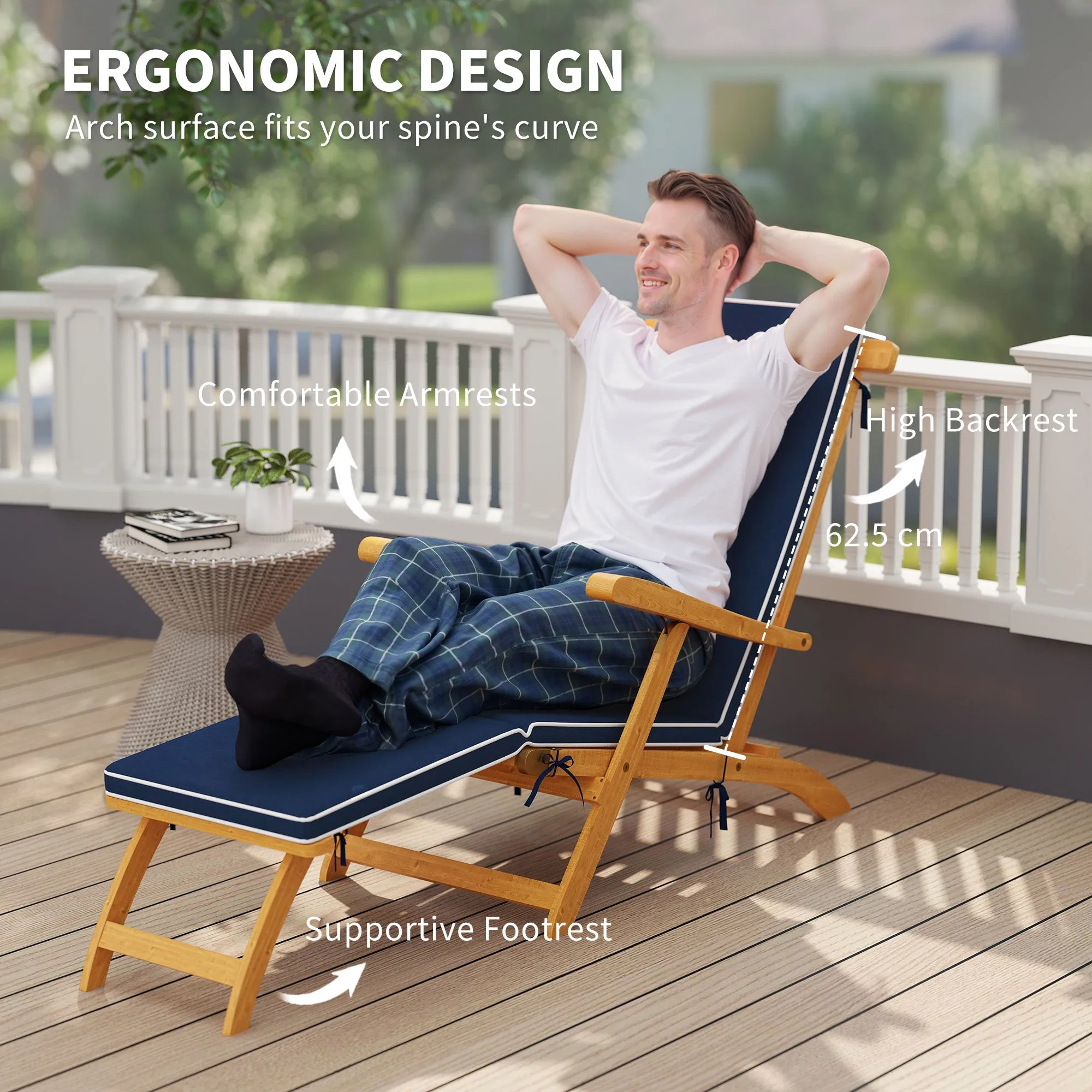 Outdoor Lounge Chair, Acacia Wood Folding Chaise Lounge Chair Recliner with Adjustable Footrest, Padded Cushion, Recline Back and Armrests for Patio Garden, Navy Blue