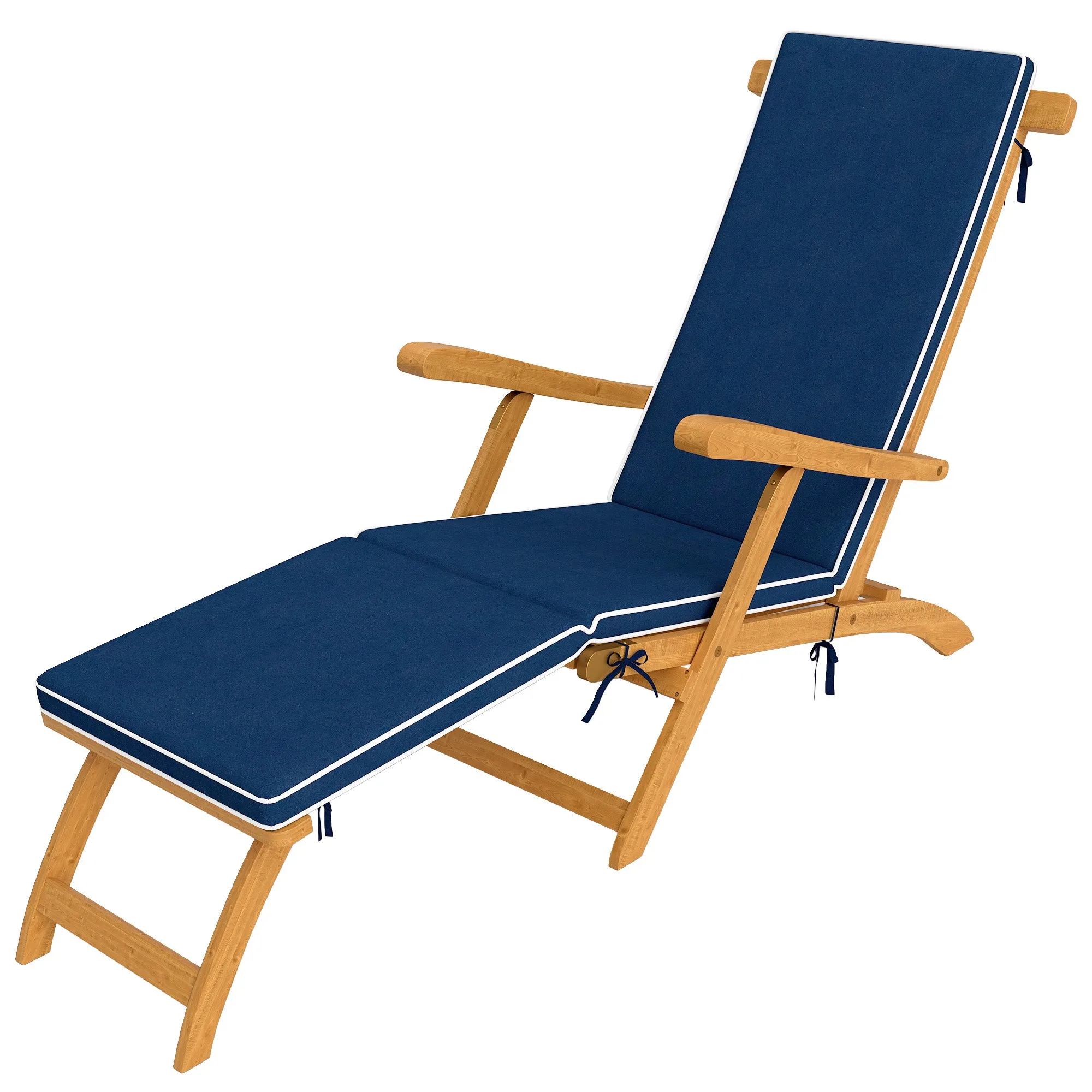 Outdoor Lounge Chair, Acacia Wood Folding Chaise Lounge Chair Recliner with Adjustable Footrest, Padded Cushion, Recline Back and Armrests for Patio Garden, Navy Blue
