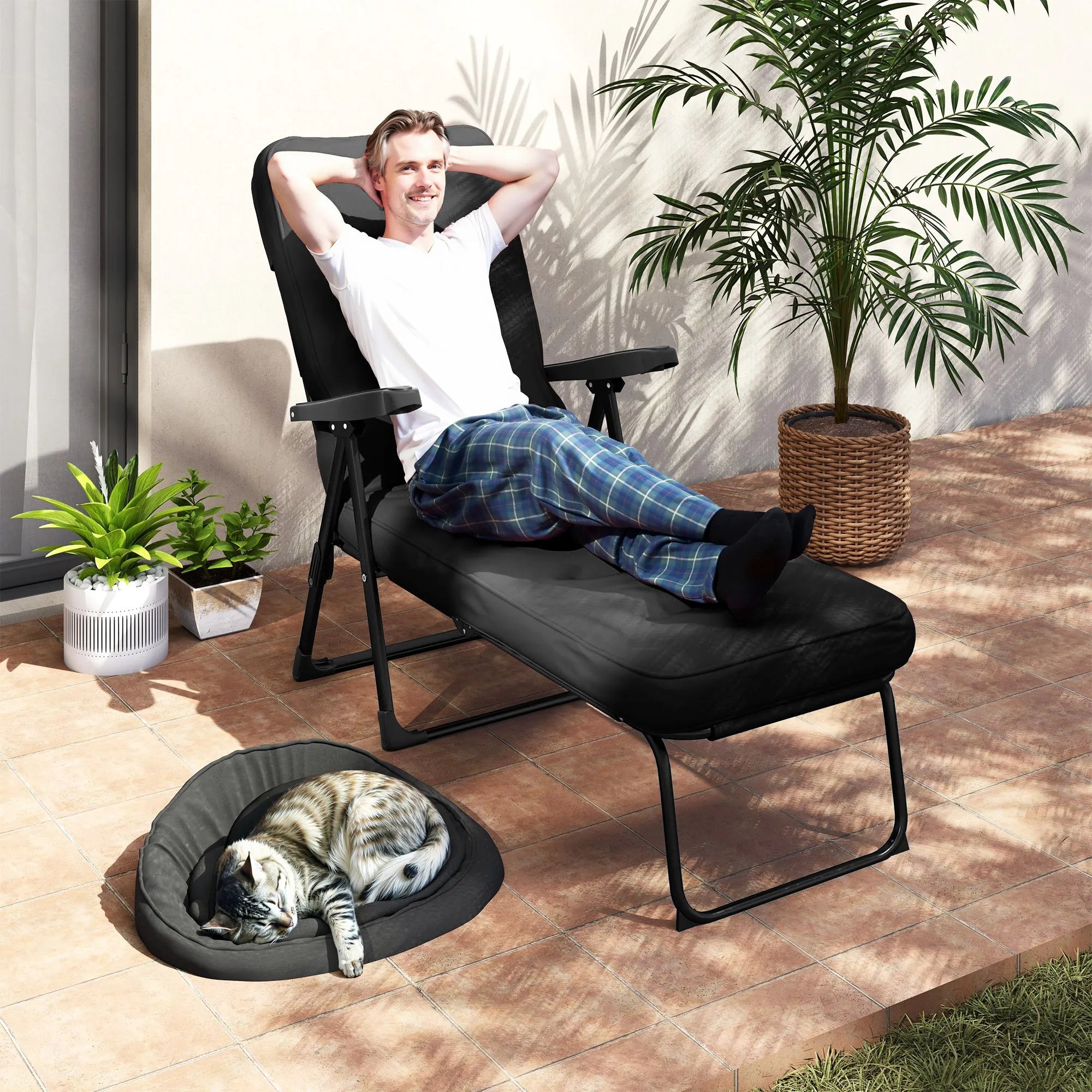 Outdoor Lounge Chair with Padded Cushion, Folding Reclining Patio Garden Chair with Recline Back, Footrest, for Poolside, Patio, Black