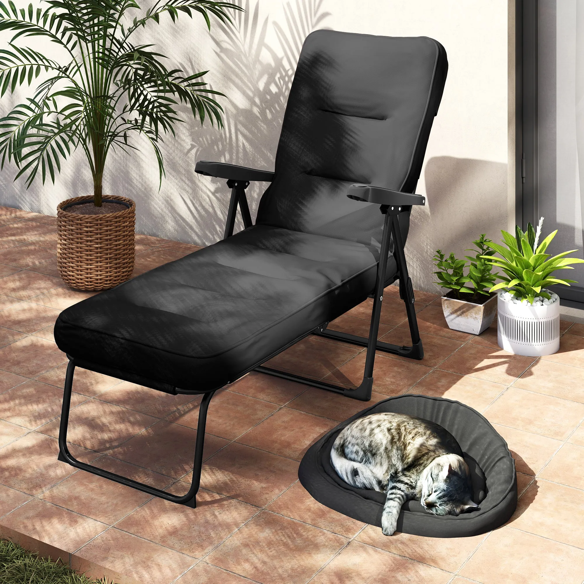 Outdoor Lounge Chair with Padded Cushion, Folding Reclining Patio Garden Chair with Recline Back, Footrest, for Poolside, Patio, Black