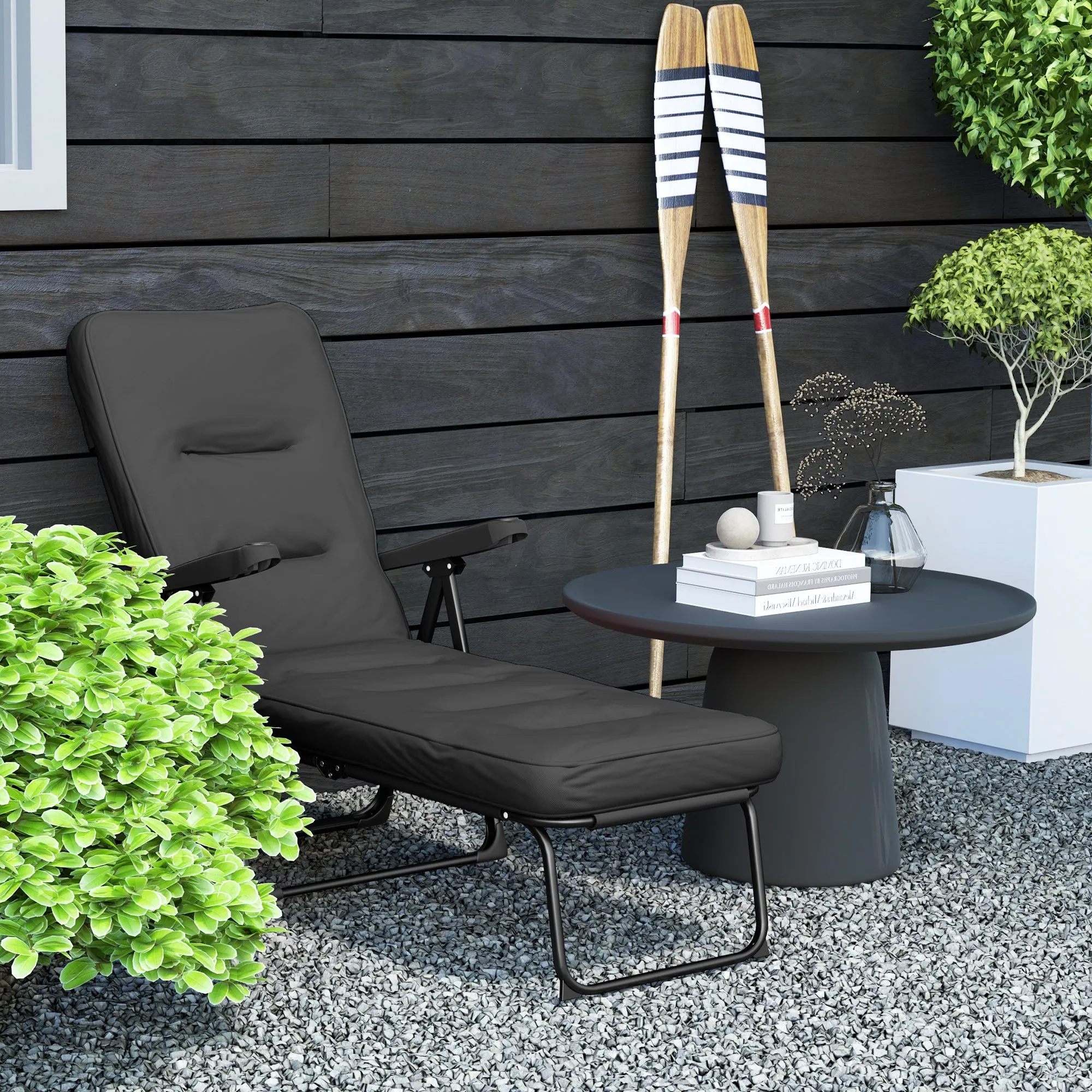 Outdoor Lounge Chair with Padded Cushion, Folding Reclining Patio Garden Chair with Recline Back, Footrest, for Poolside, Patio, Black