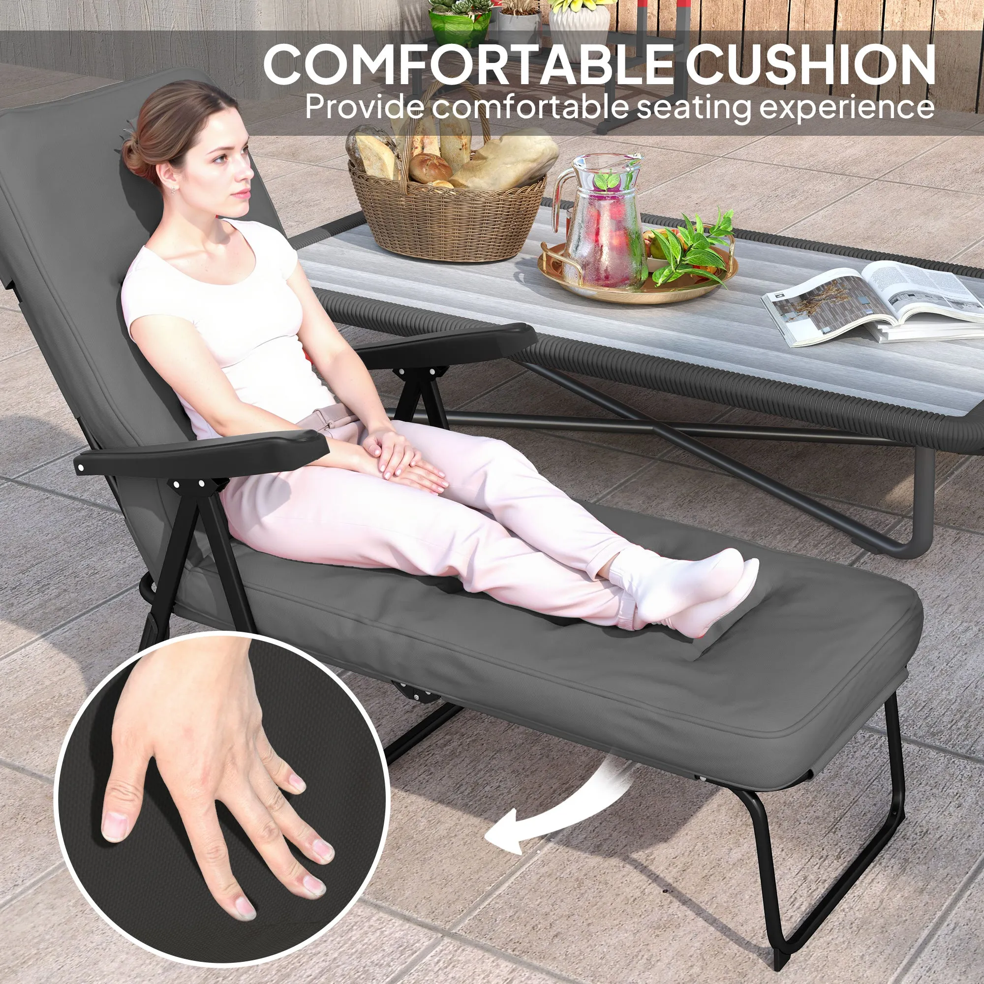 Outdoor Lounge Chair with Padded Cushion, Folding Reclining Patio Garden Chair with Recline Back, Footrest, for Poolside, Patio, Black