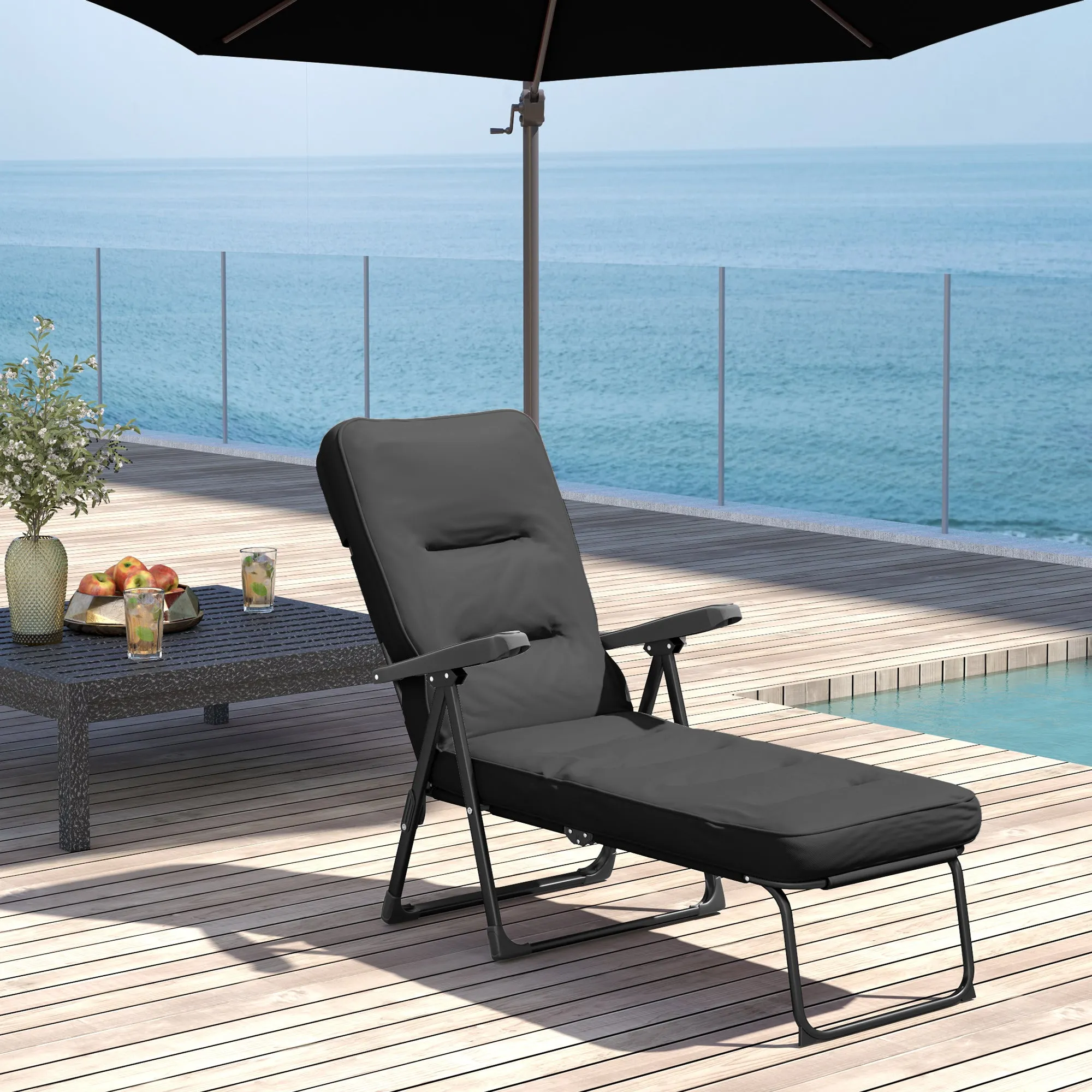 Outdoor Lounge Chair with Padded Cushion, Folding Reclining Patio Garden Chair with Recline Back, Footrest, for Poolside, Patio, Black