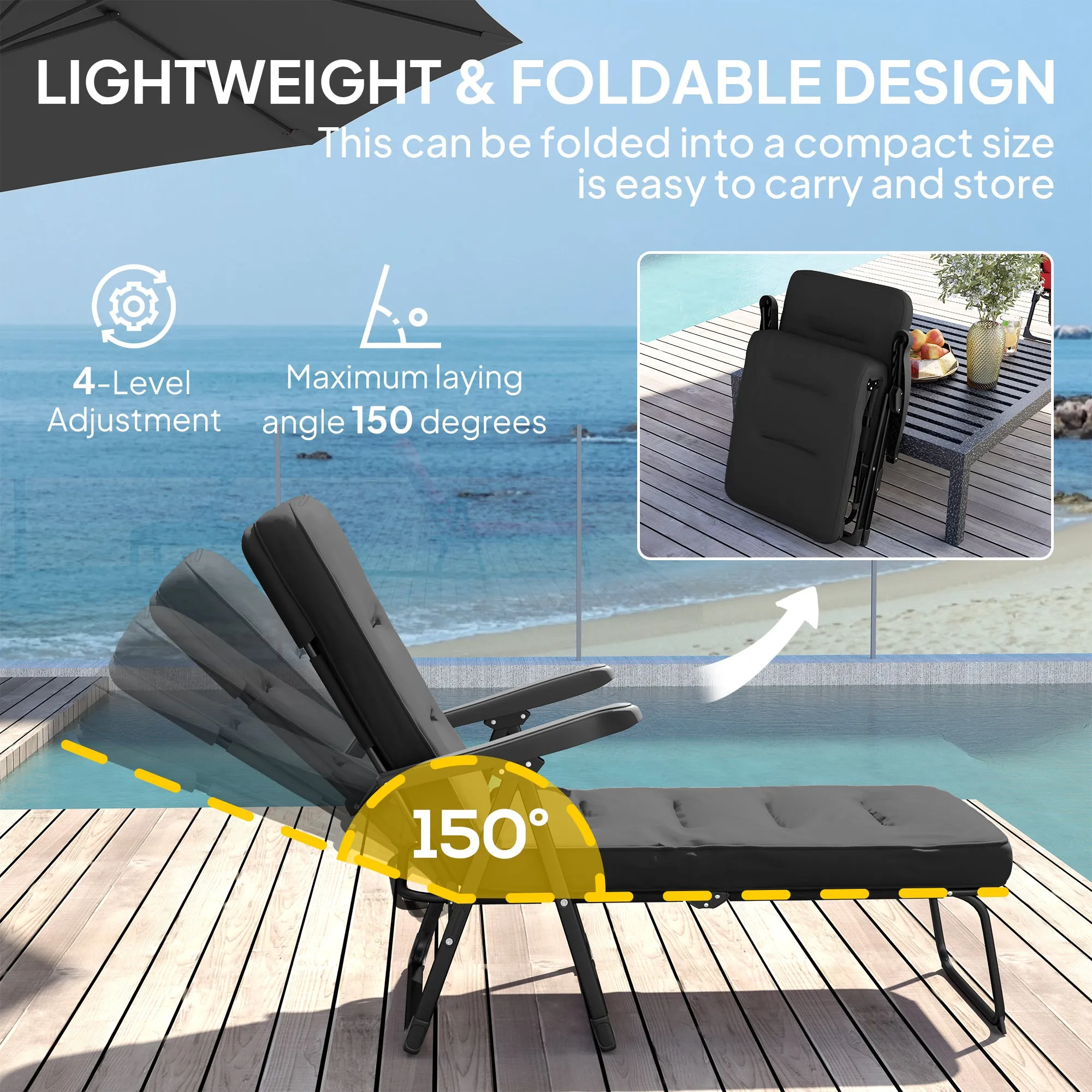 Outdoor Lounge Chair with Padded Cushion, Folding Reclining Patio Garden Chair with Recline Back, Footrest, for Poolside, Patio, Black