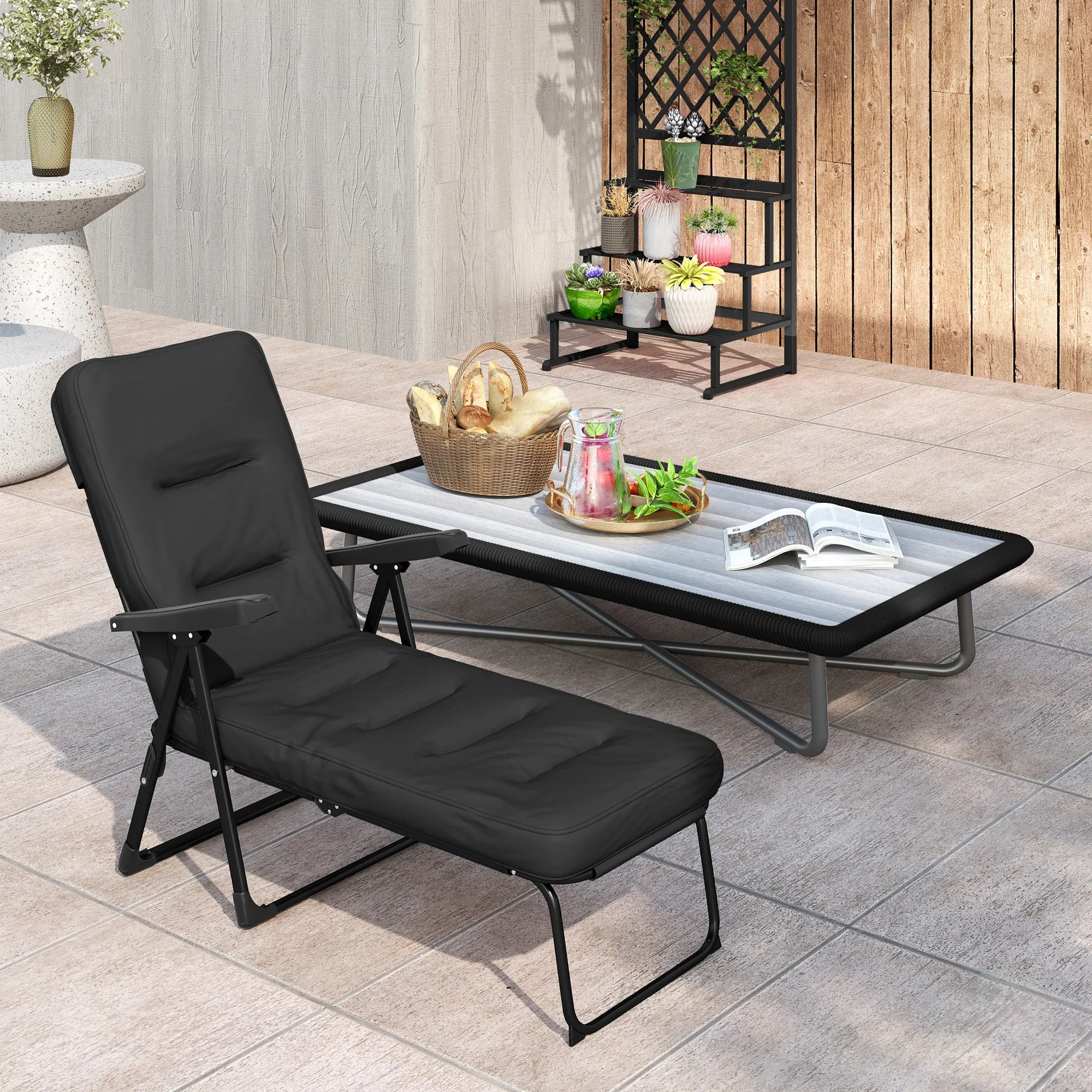 Outdoor Lounge Chair with Padded Cushion, Folding Reclining Patio Garden Chair with Recline Back, Footrest, for Poolside, Patio, Black
