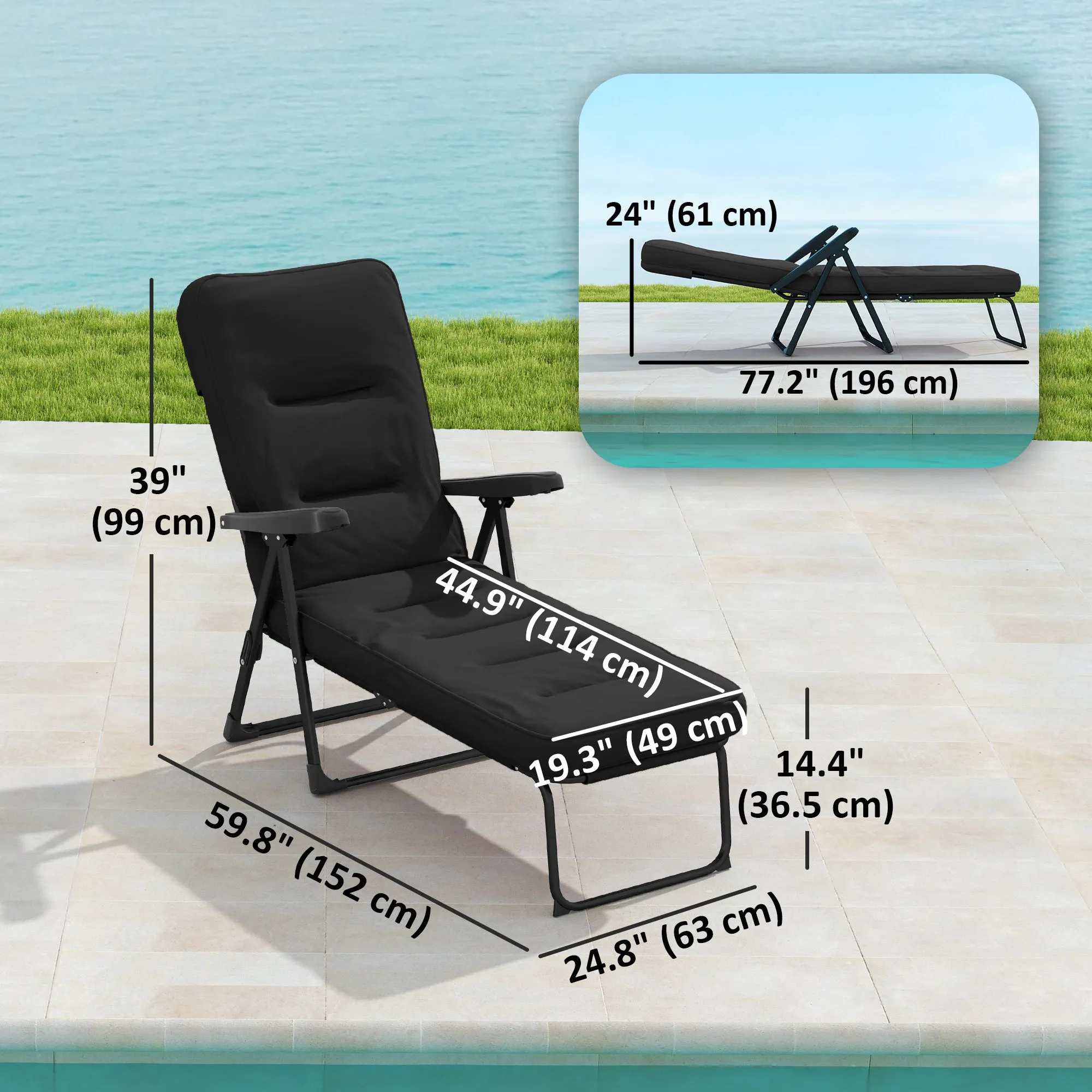 Outdoor Lounge Chair with Padded Cushion, Folding Reclining Patio Garden Chair with Recline Back, Footrest, for Poolside, Patio, Black