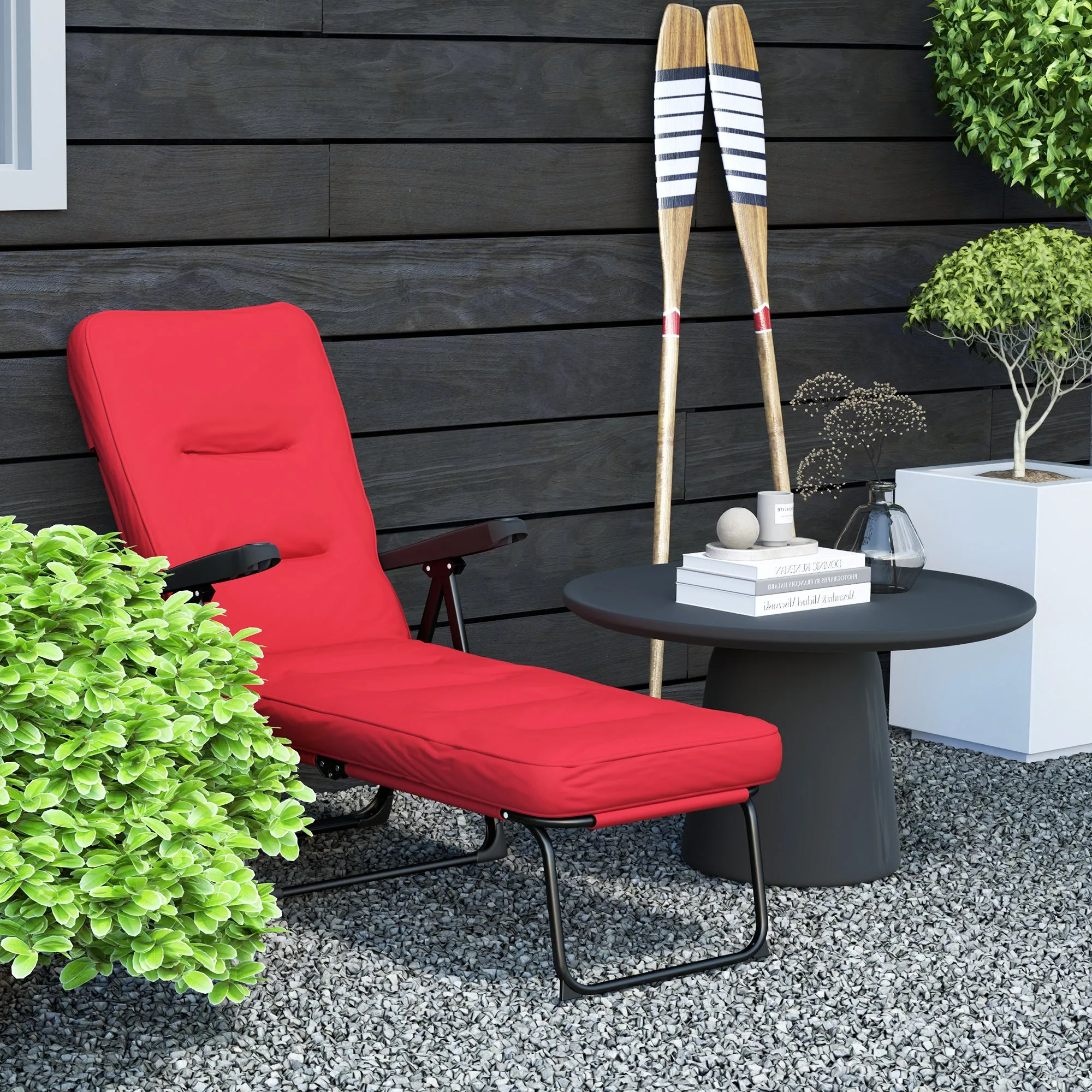 Outdoor Lounge Chair with Padded Cushion, Folding Reclining Patio Garden Chair with Recline Back, Footrest, for Poolside, Patio, Wine Red