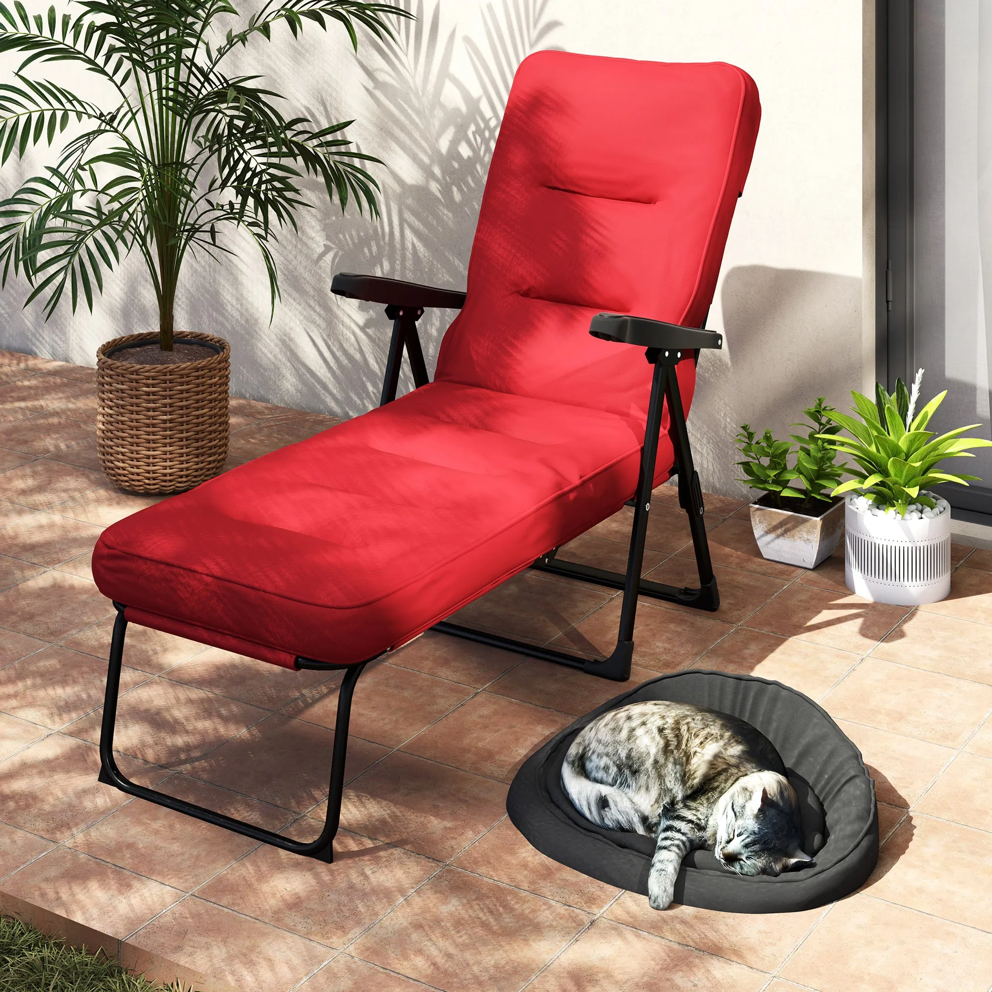Outdoor Lounge Chair with Padded Cushion, Folding Reclining Patio Garden Chair with Recline Back, Footrest, for Poolside, Patio, Wine Red