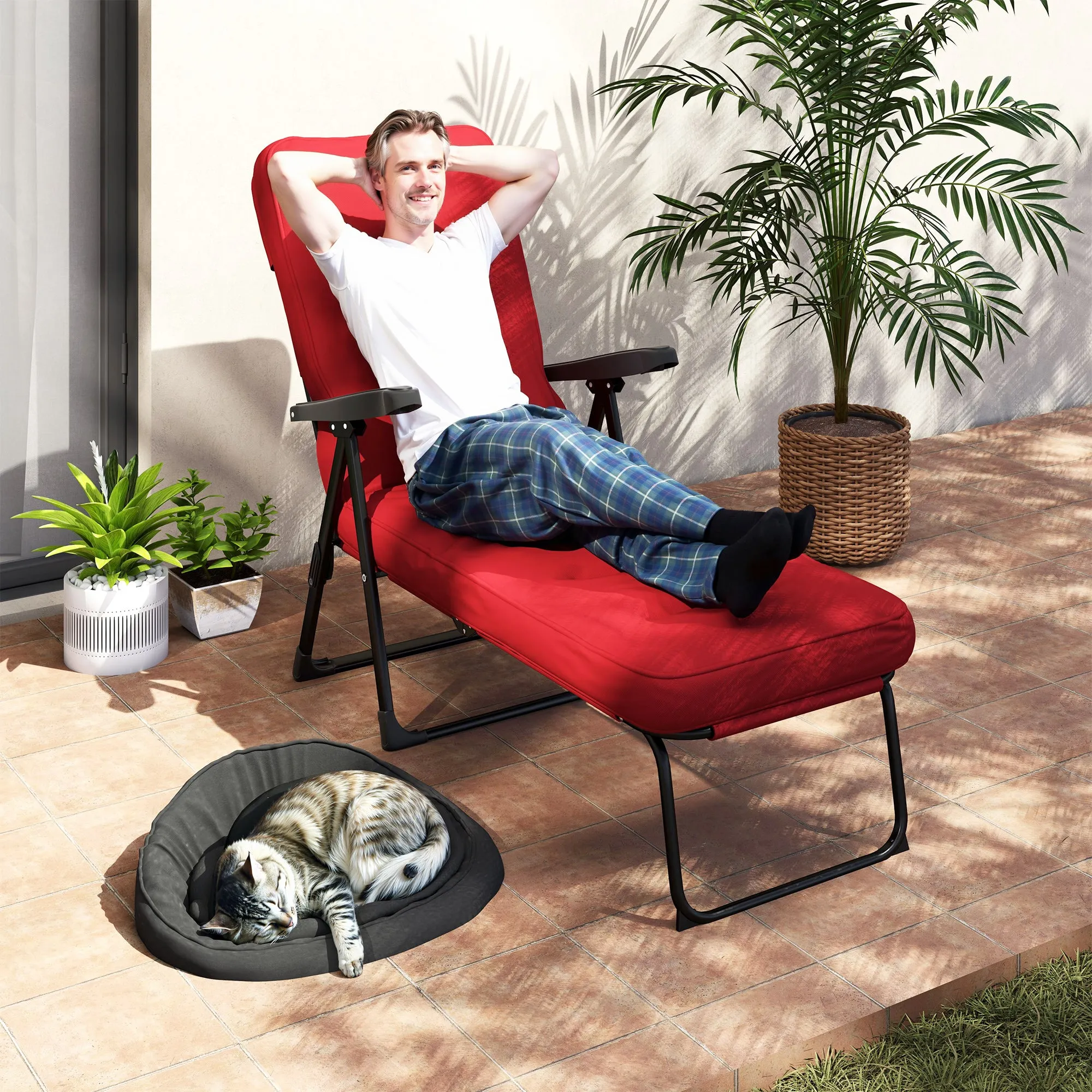 Outdoor Lounge Chair with Padded Cushion, Folding Reclining Patio Garden Chair with Recline Back, Footrest, for Poolside, Patio, Wine Red