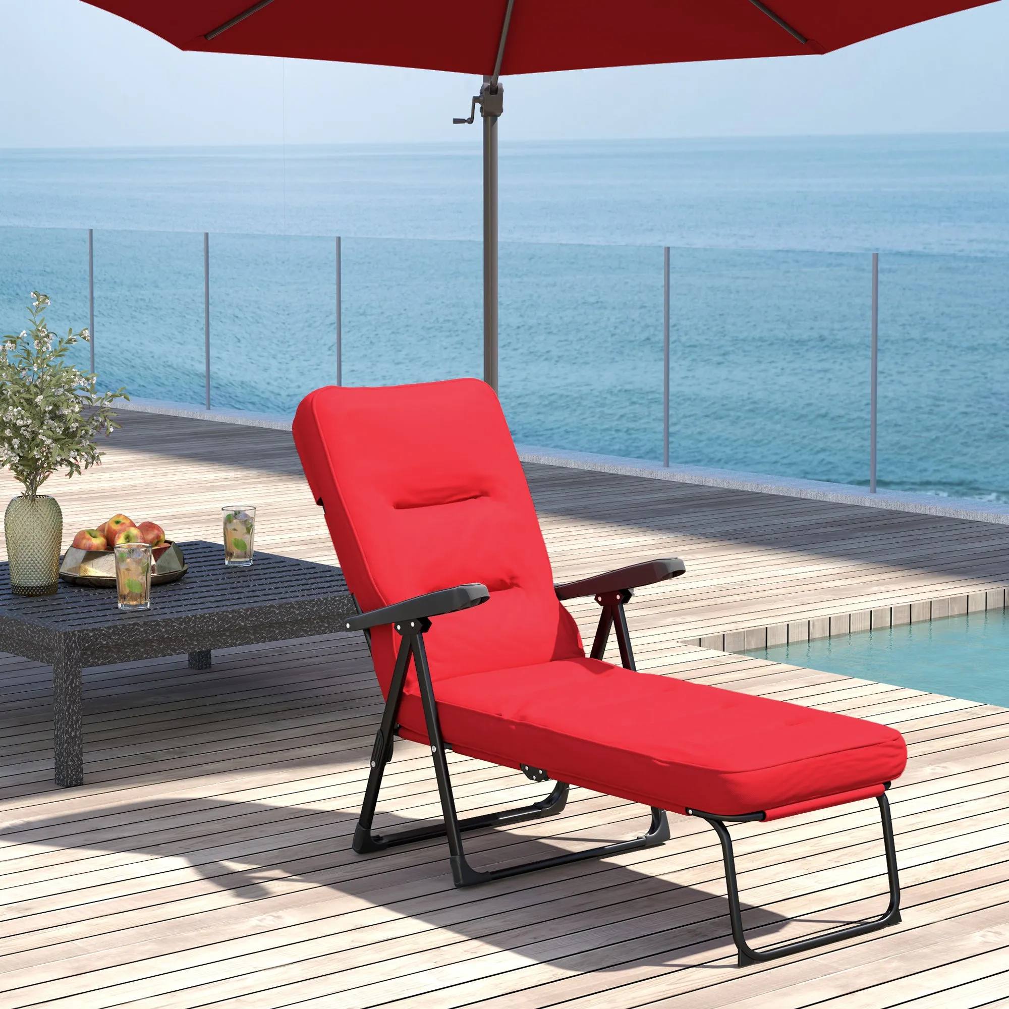 Outdoor Lounge Chair with Padded Cushion, Folding Reclining Patio Garden Chair with Recline Back, Footrest, for Poolside, Patio, Wine Red