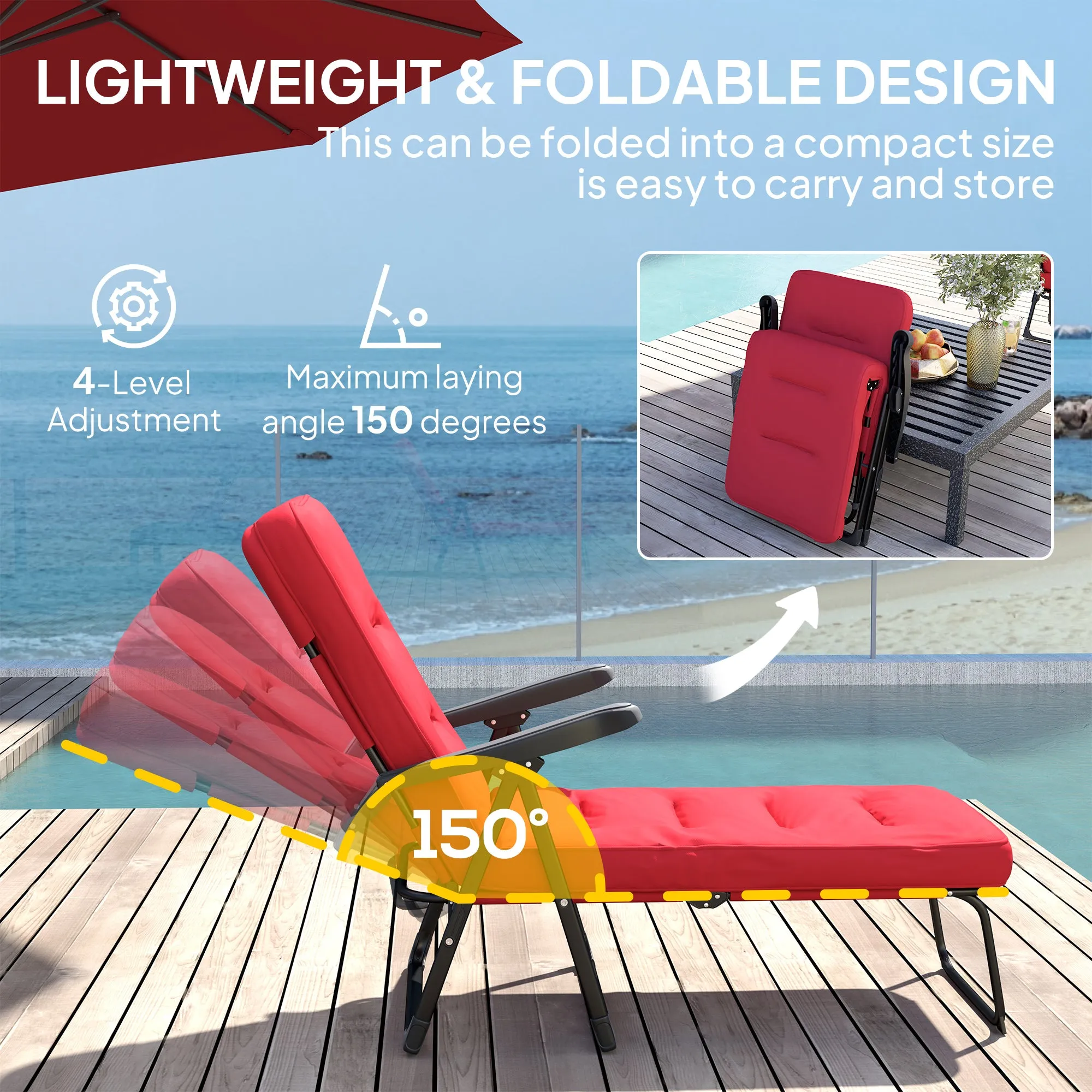 Outdoor Lounge Chair with Padded Cushion, Folding Reclining Patio Garden Chair with Recline Back, Footrest, for Poolside, Patio, Wine Red