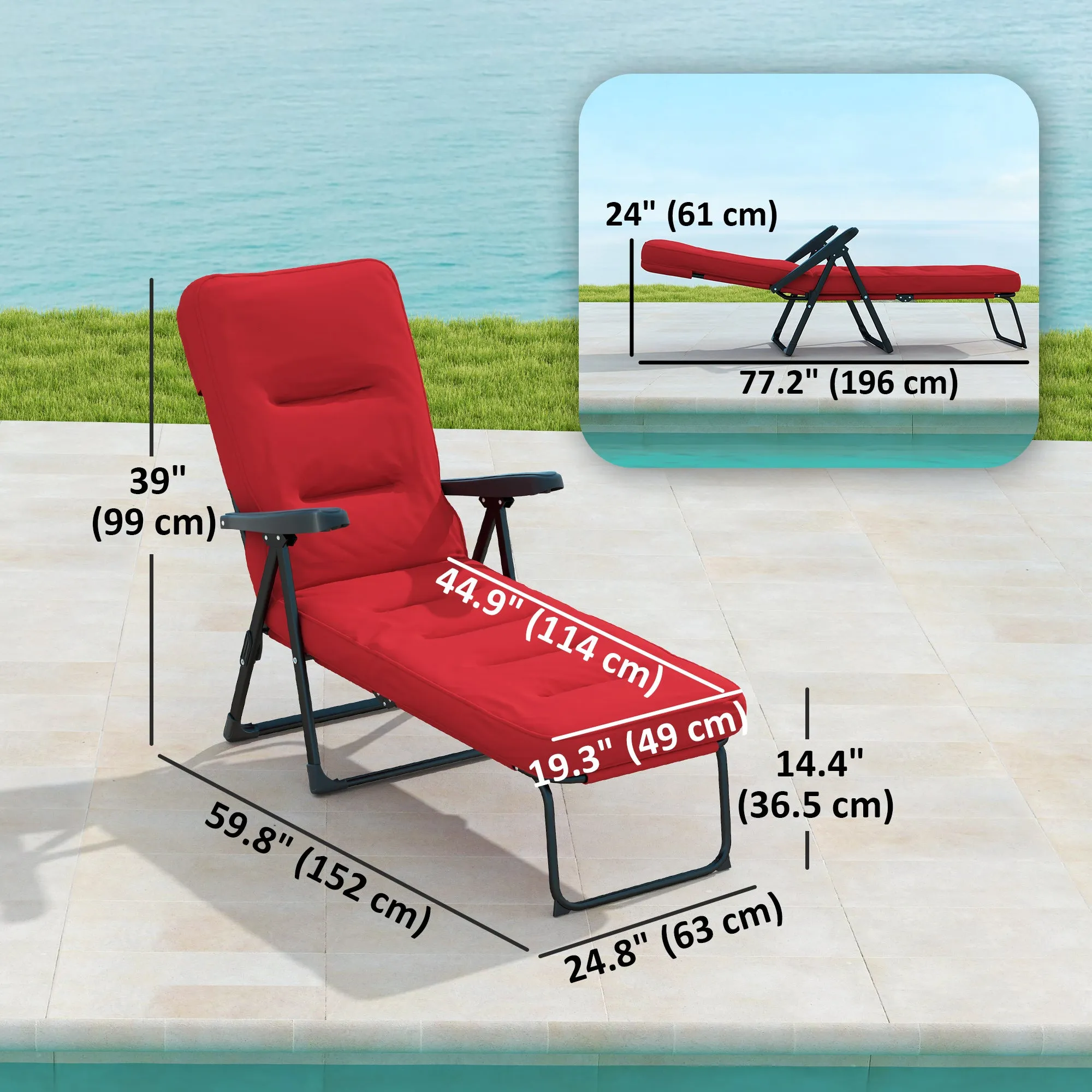 Outdoor Lounge Chair with Padded Cushion, Folding Reclining Patio Garden Chair with Recline Back, Footrest, for Poolside, Patio, Wine Red