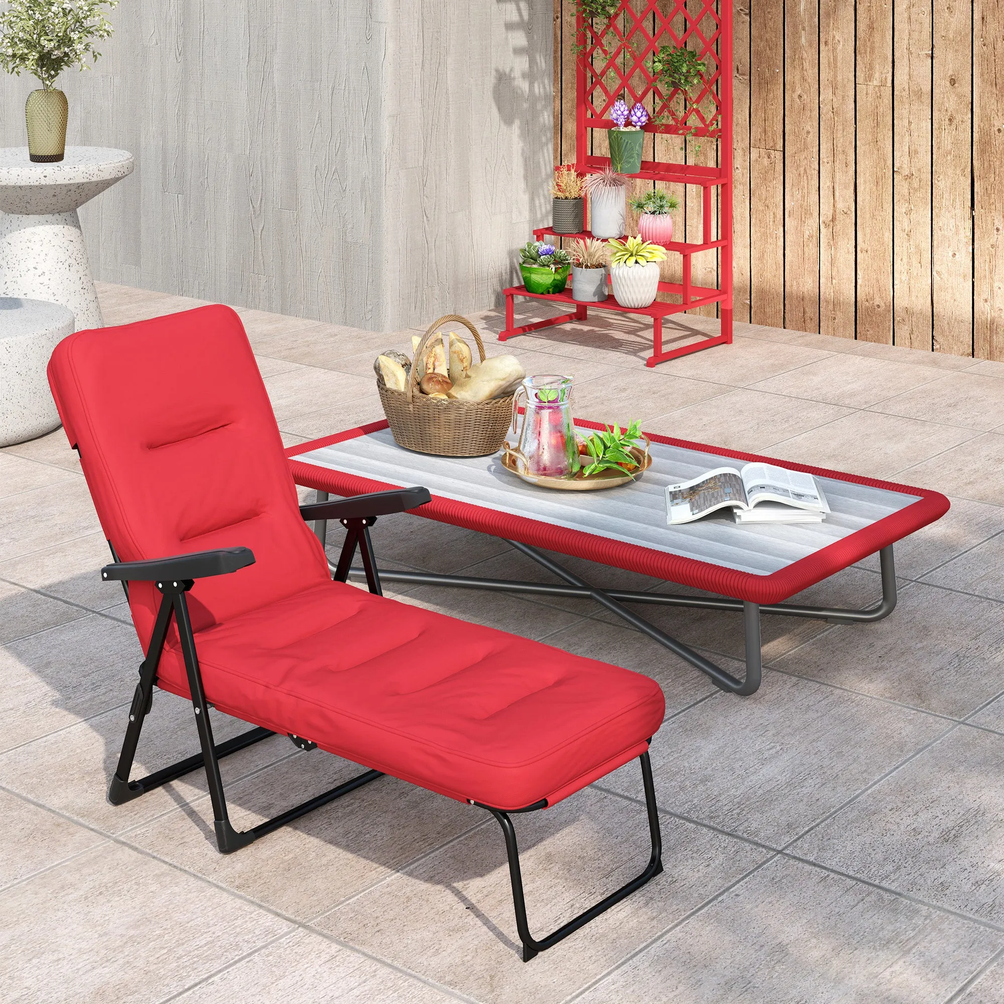 Outdoor Lounge Chair with Padded Cushion, Folding Reclining Patio Garden Chair with Recline Back, Footrest, for Poolside, Patio, Wine Red