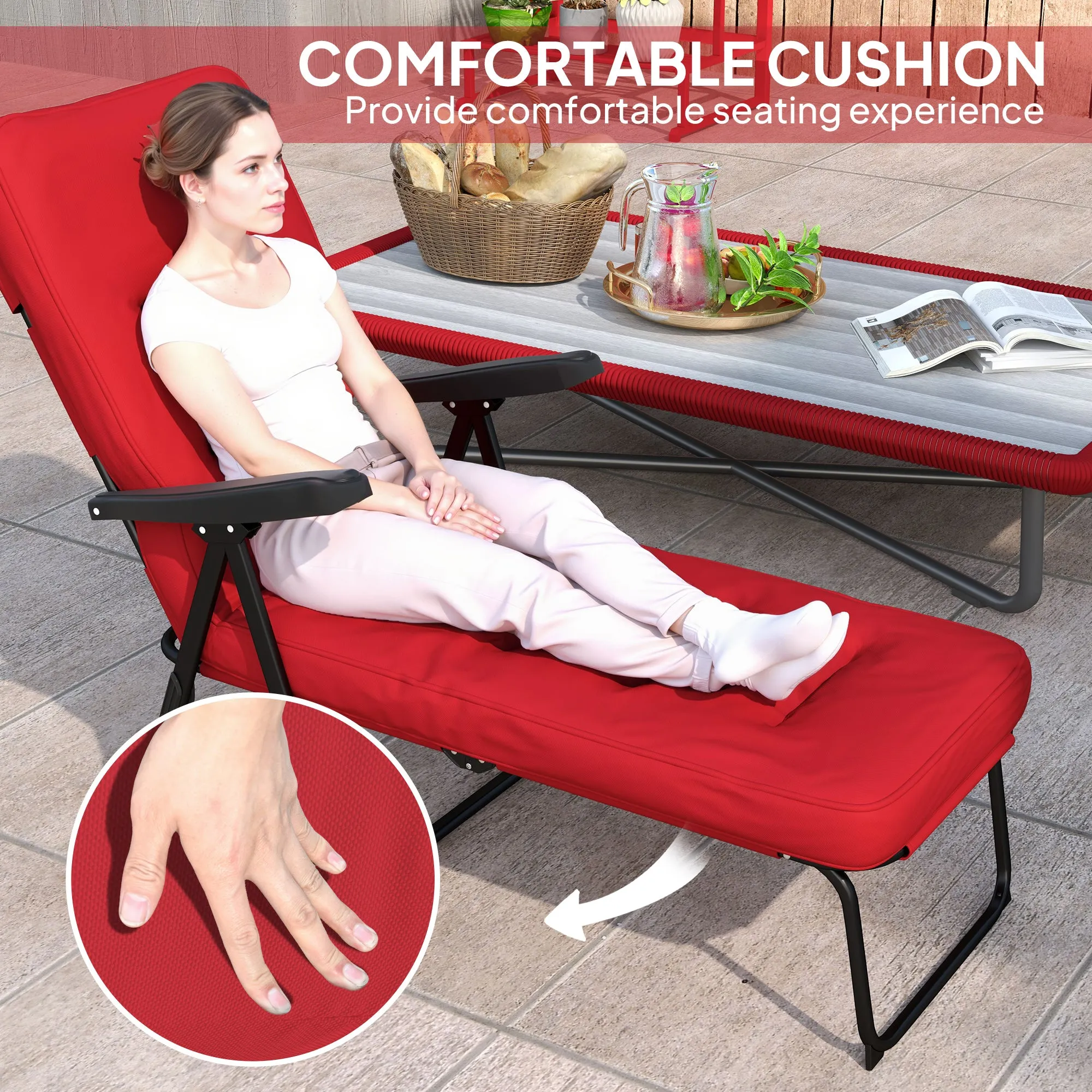 Outdoor Lounge Chair with Padded Cushion, Folding Reclining Patio Garden Chair with Recline Back, Footrest, for Poolside, Patio, Wine Red