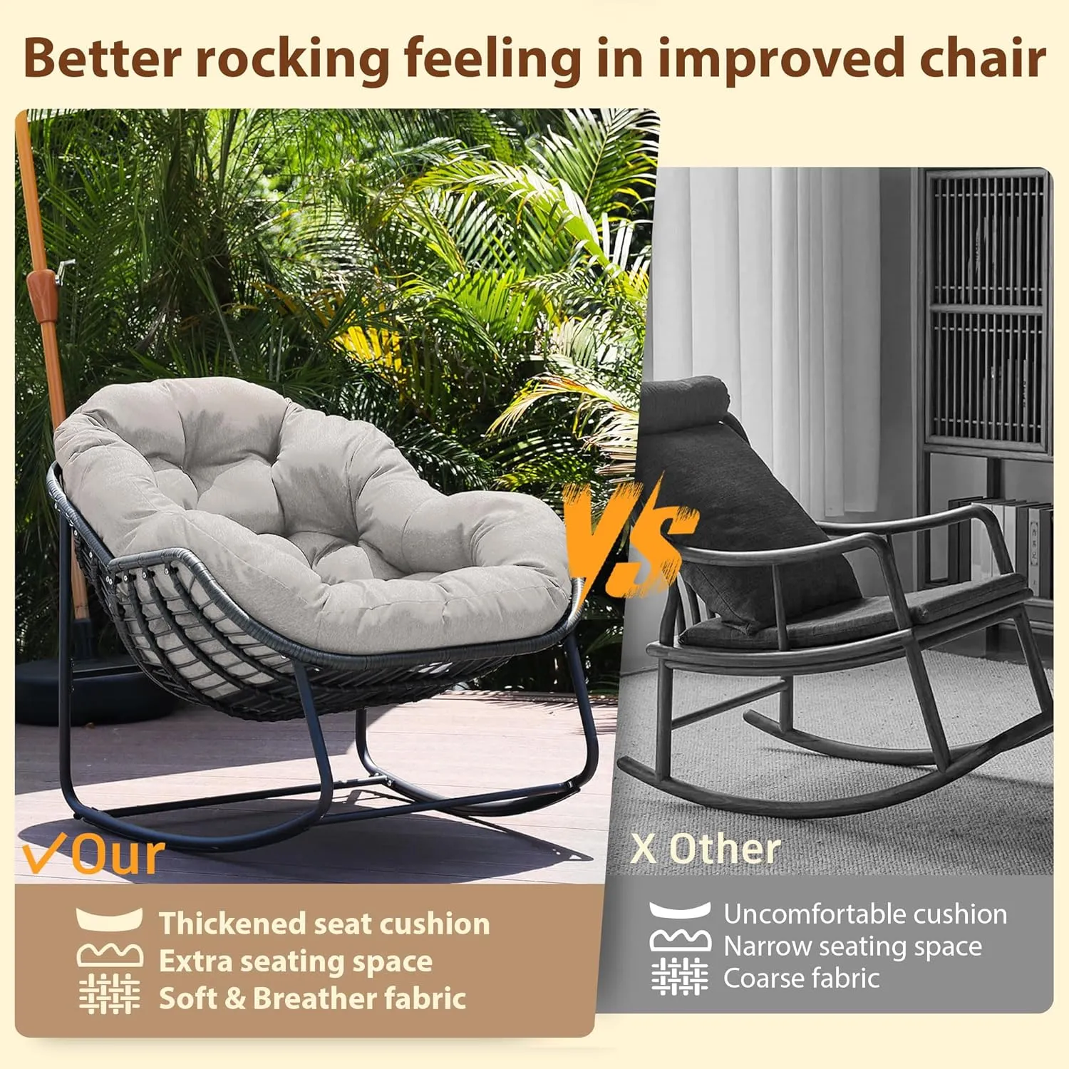 Outdoor Rocking Chair, Patio Wicker Egg Chair, Indoor Comfy Oversized Papasan Chair with Padded Cushion, Royal Rattan Rocker for Front Porch, Garden, Patio (Light Grey, 1 Piece)