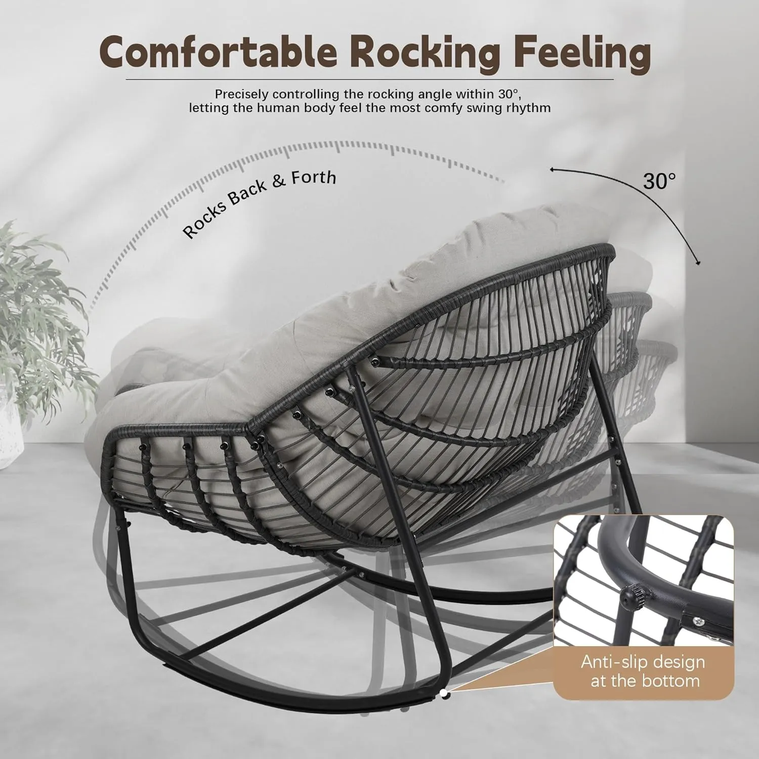 Outdoor Rocking Chair, Patio Wicker Egg Chair, Indoor Comfy Oversized Papasan Chair with Padded Cushion, Royal Rattan Rocker for Front Porch, Garden, Patio (Light Grey, 1 Piece)