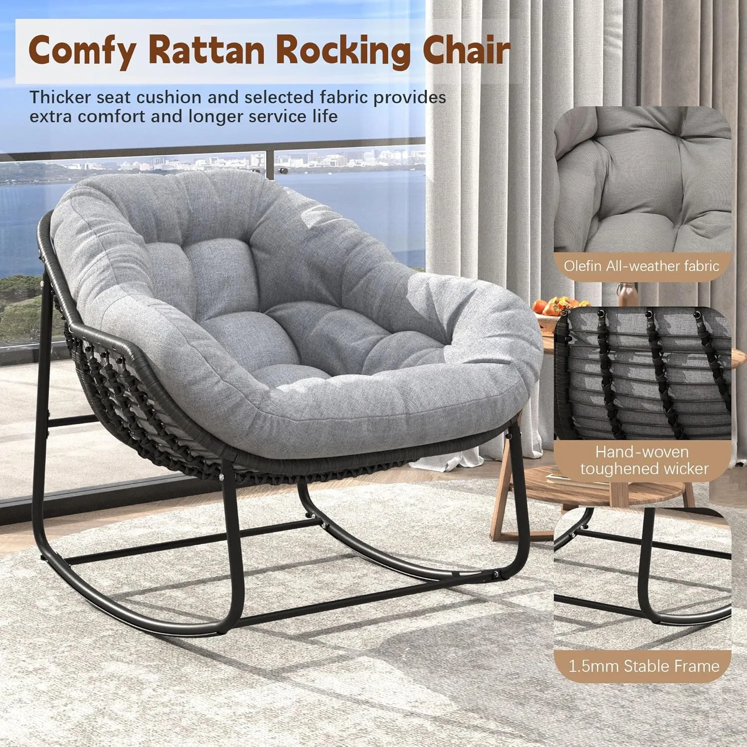 Outdoor Rocking Chair, Patio Wicker Egg Chair, Indoor Comfy Oversized Papasan Chair with Padded Cushion, Royal Rattan Rocker for Front Porch, Garden, Patio (Light Grey, 1 Piece)