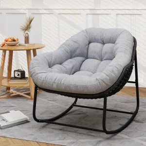 Outdoor Rocking Chair, Patio Wicker Egg Chair, Indoor Comfy Oversized Papasan Chair with Padded Cushion, Royal Rattan Rocker for Front Porch, Garden, Patio (Light Grey, 1 Piece)