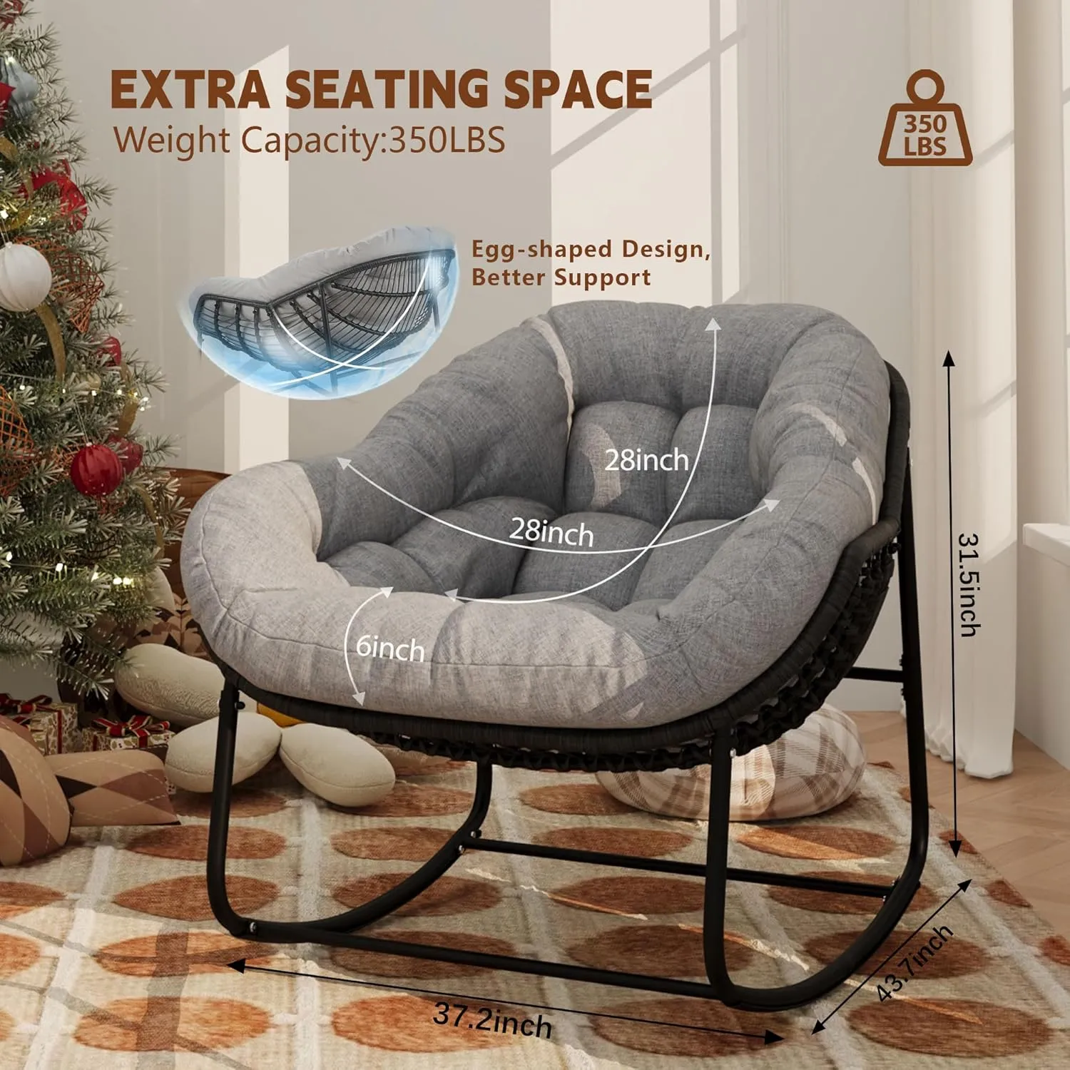 Outdoor Rocking Chair, Patio Wicker Egg Chair, Indoor Comfy Oversized Papasan Chair with Padded Cushion, Royal Rattan Rocker for Front Porch, Garden, Patio (Light Grey, 1 Piece)
