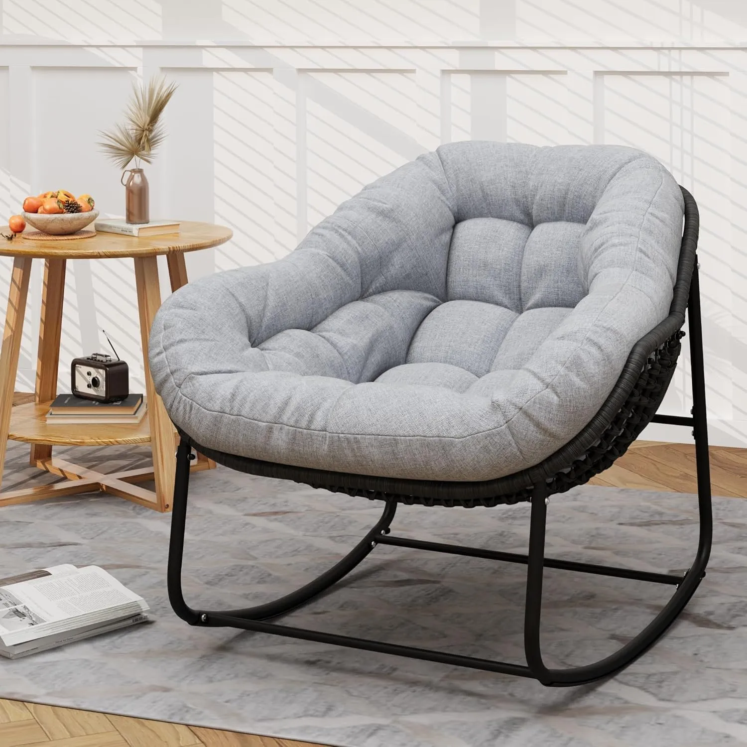 Outdoor Rocking Chair, Patio Wicker Egg Chair, Indoor Comfy Oversized Papasan Chair with Padded Cushion, Royal Rattan Rocker for Front Porch, Garden, Patio (Light Grey, 1 Piece)