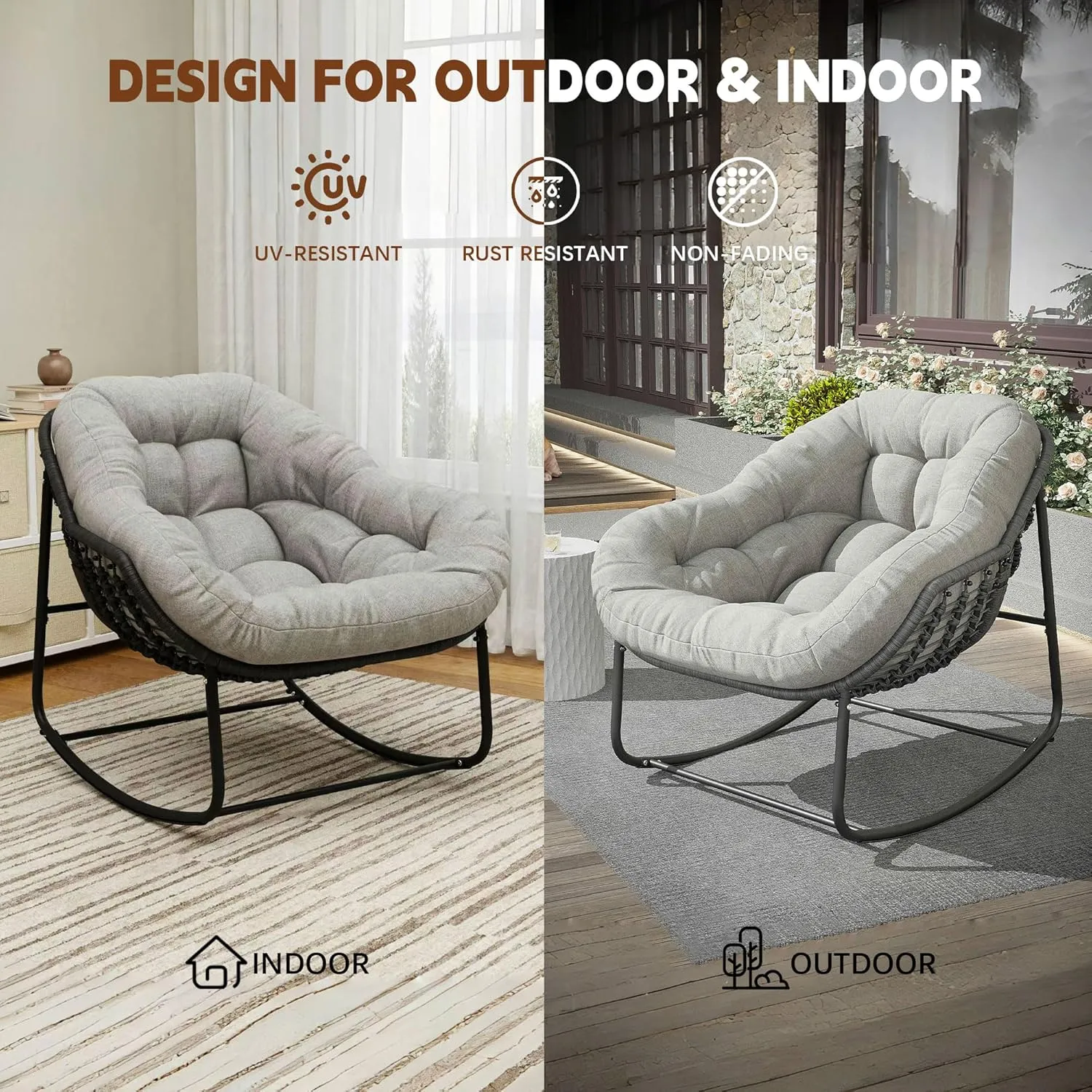 Outdoor Rocking Chair, Patio Wicker Egg Chair, Indoor Comfy Oversized Papasan Chair with Padded Cushion, Royal Rattan Rocker for Front Porch, Garden, Patio (Light Grey, 1 Piece)