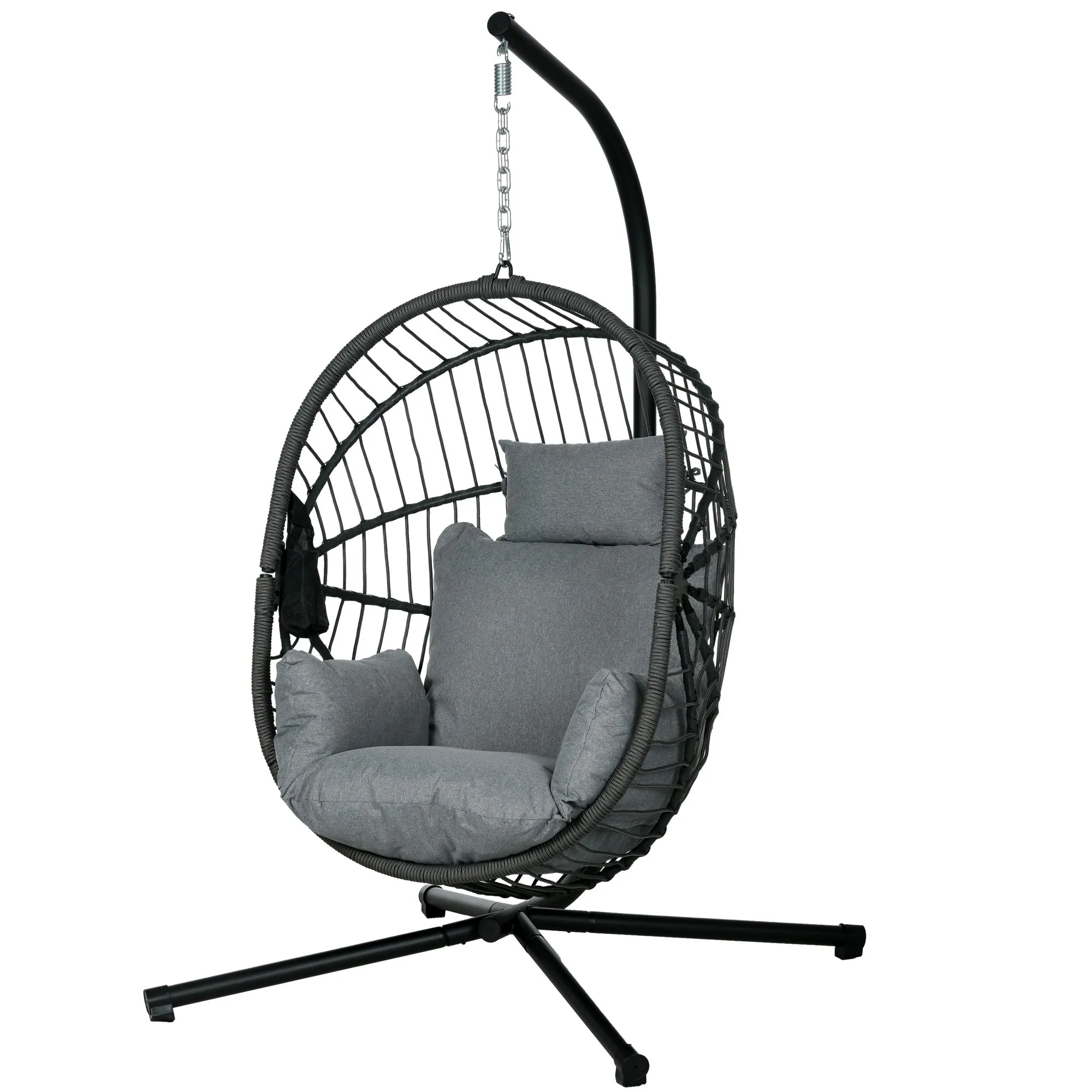 Outdoor Swing Chair with Thick Padded Cushion, Patio Hanging Chair with Metal Stand, Foldable Basket Egg Chair with Cup Holder, Rope Structure, for Indoor and Outdoor, Grey