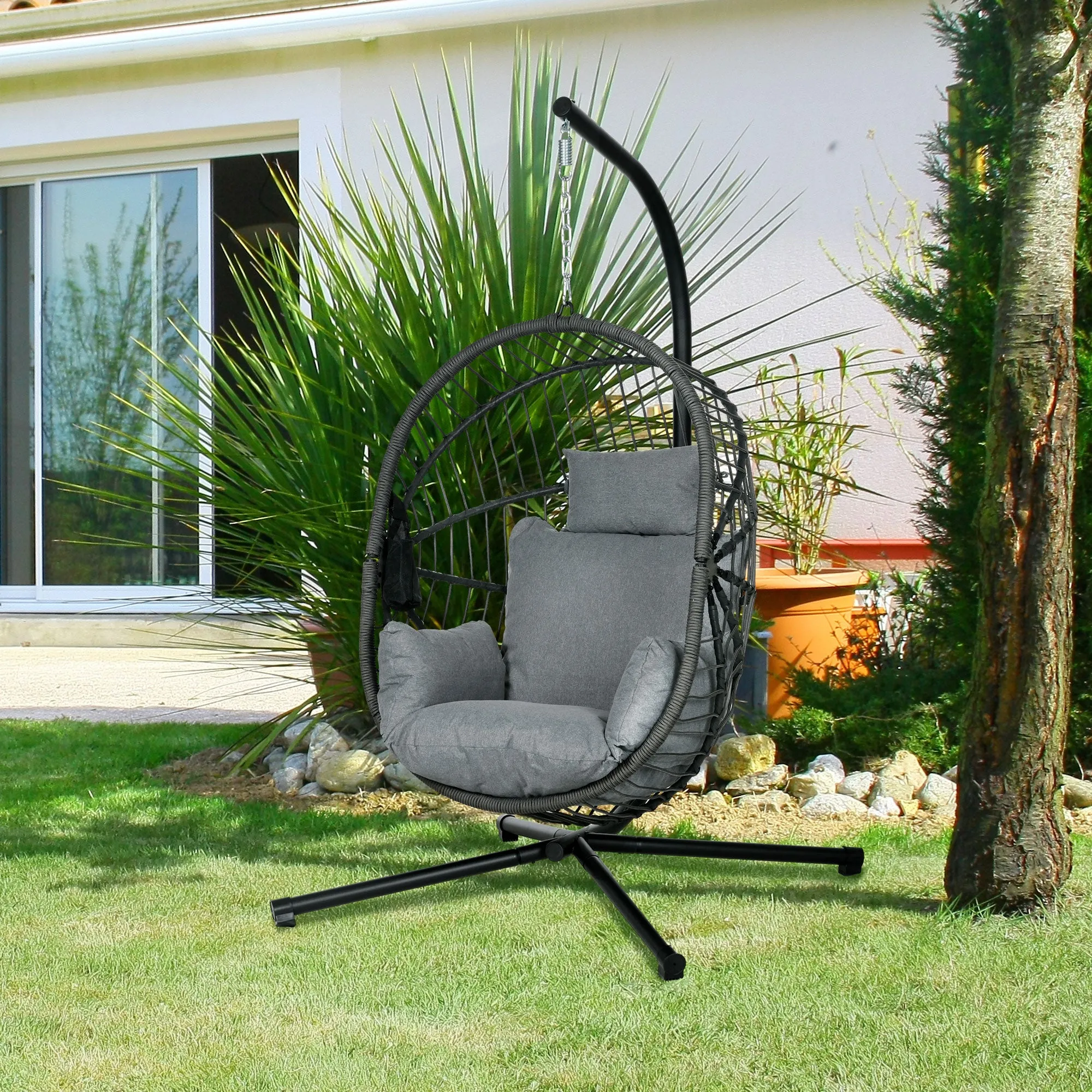Outdoor Swing Chair with Thick Padded Cushion, Patio Hanging Chair with Metal Stand, Foldable Basket Egg Chair with Cup Holder, Rope Structure, for Indoor and Outdoor, Grey