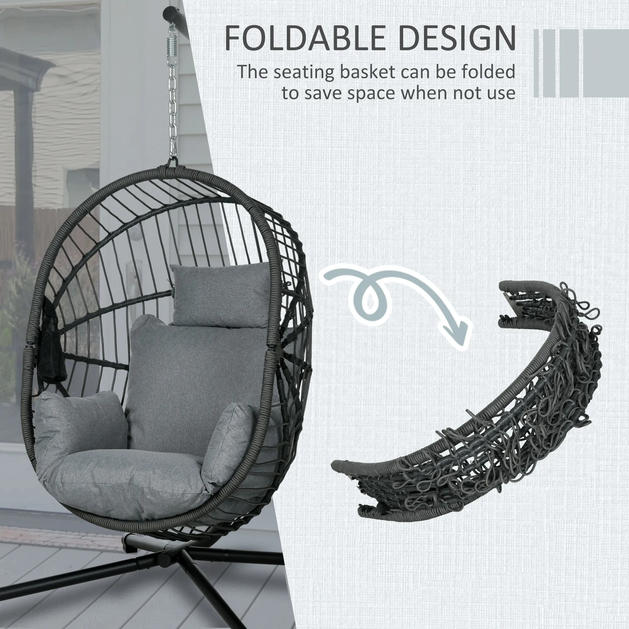 Outdoor Swing Chair with Thick Padded Cushion, Patio Hanging Chair with Metal Stand, Foldable Basket Egg Chair with Cup Holder, Rope Structure, for Indoor and Outdoor, Grey