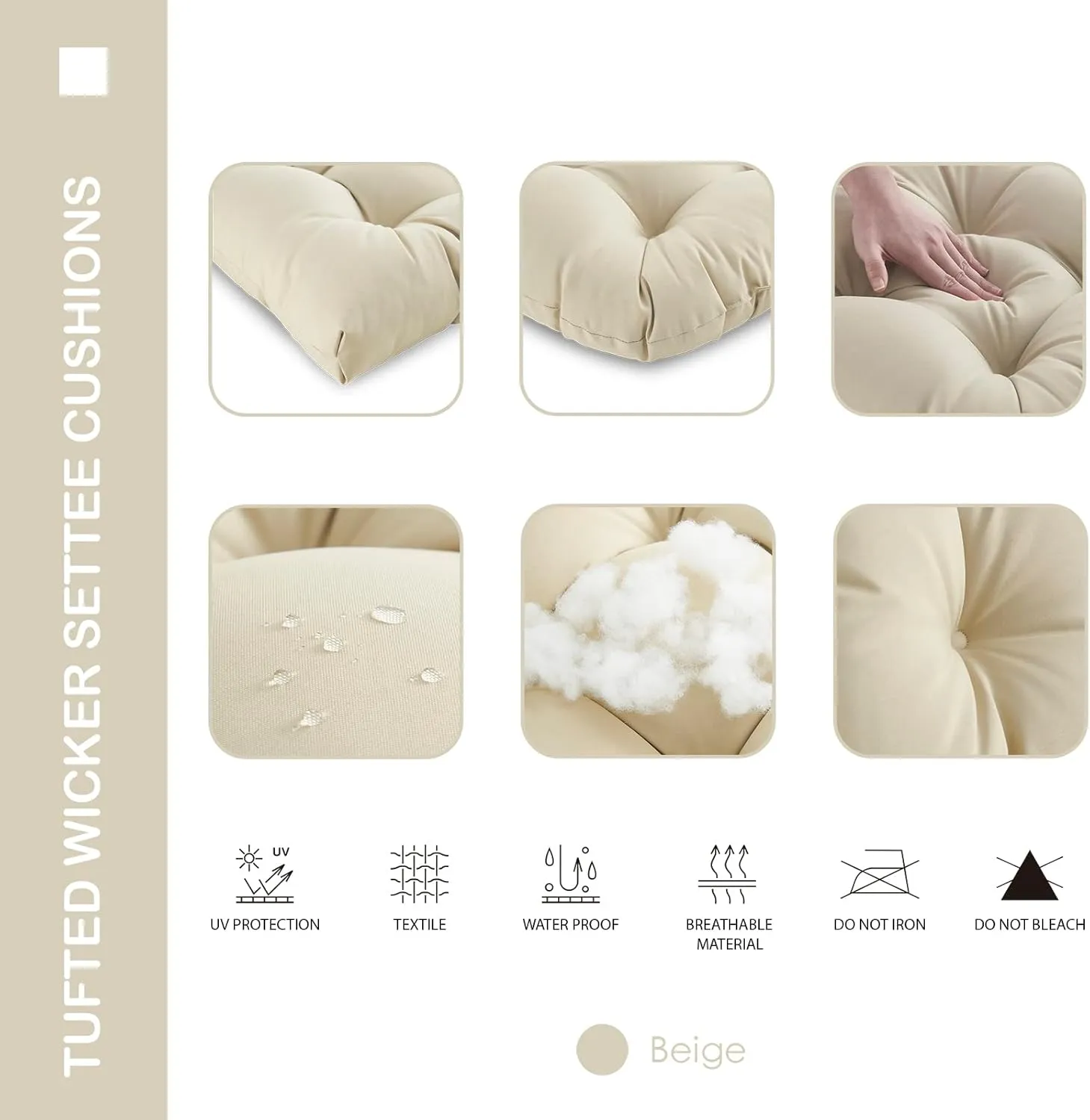 Outdoor/Indoor All Weather Tufted Wicker Chair Cushions of 3 Pieces, 1 Loveseat and 2 U-Shape Waterproof Cushions for Patio Furniture,Wicker Loveseat,Bench-Beige