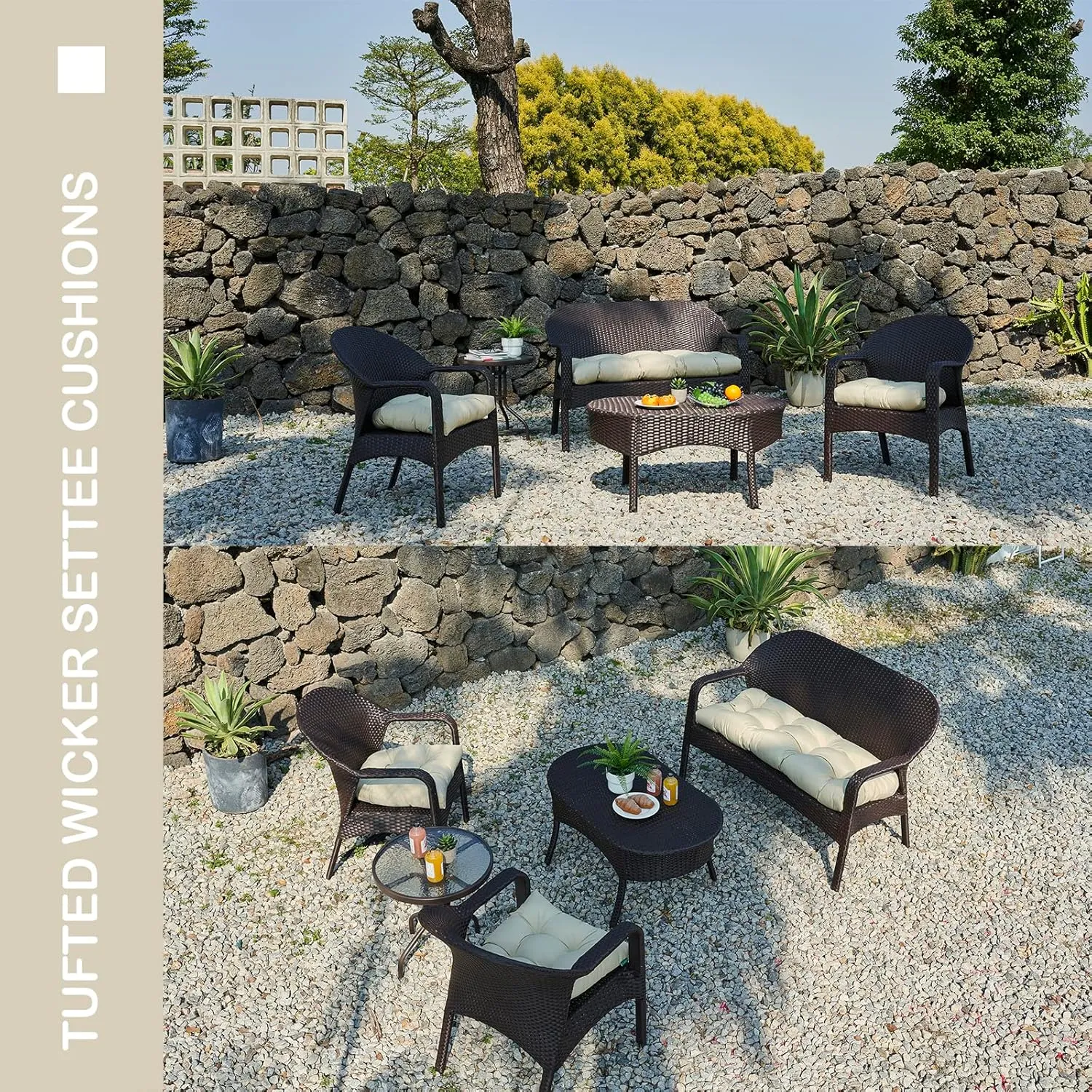 Outdoor/Indoor All Weather Tufted Wicker Chair Cushions of 3 Pieces, 1 Loveseat and 2 U-Shape Waterproof Cushions for Patio Furniture,Wicker Loveseat,Bench-Beige