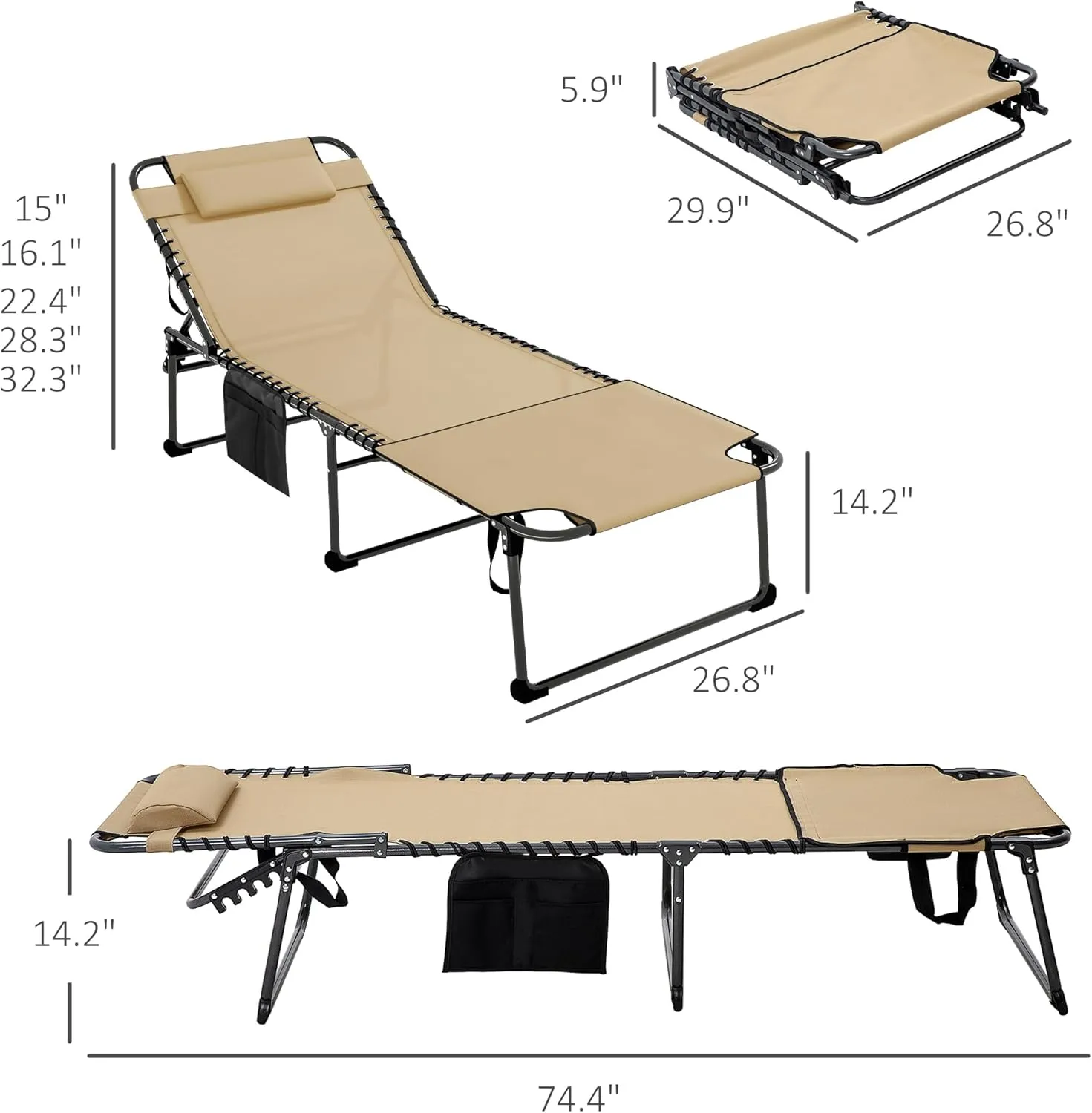Outsunny Folding Chaise Lounge with 5-Level Reclining Back, Tanning Chair with Face Hole, Outdoor Lounge Chair with Side Pocket & Headrest for Beach, Yard, Patio, Beige