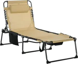 Outsunny Folding Chaise Lounge with 5-Level Reclining Back, Tanning Chair with Face Hole, Outdoor Lounge Chair with Side Pocket & Headrest for Beach, Yard, Patio, Beige