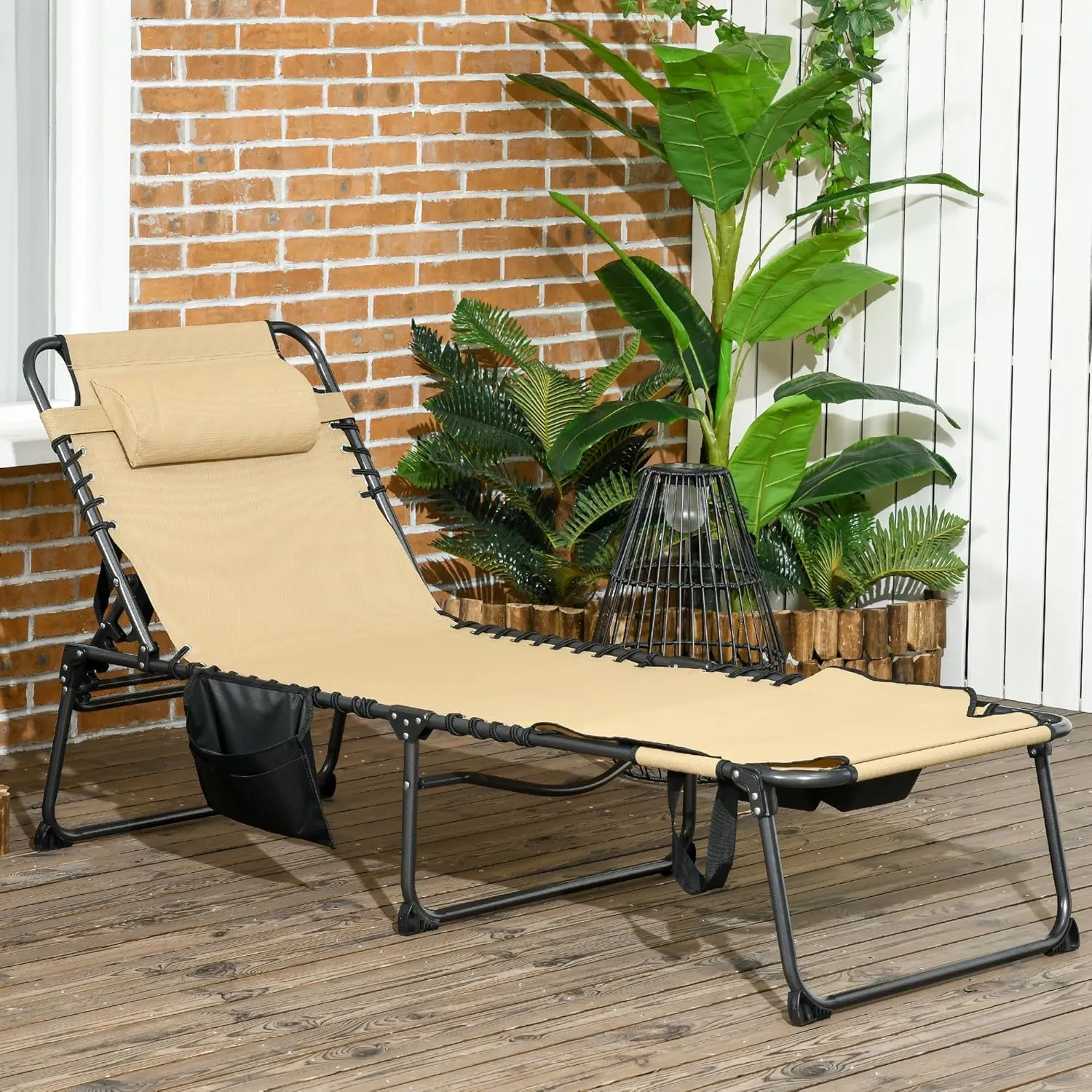 Outsunny Folding Chaise Lounge with 5-Level Reclining Back, Tanning Chair with Face Hole, Outdoor Lounge Chair with Side Pocket & Headrest for Beach, Yard, Patio, Beige