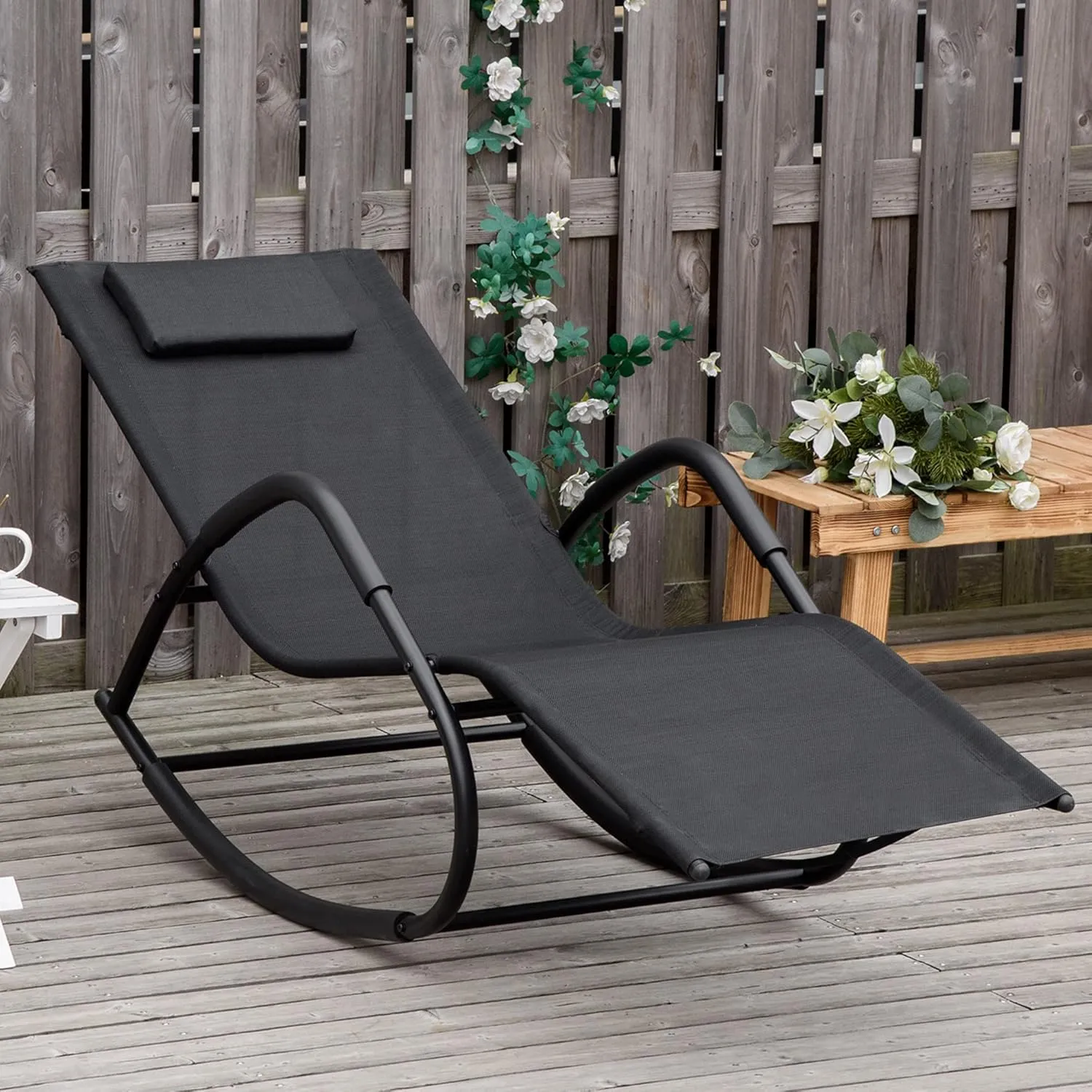 Outsunny Rocking Chair, Zero Gravity Patio Chaise Sun Lounger, Outdoor Rocker, UV Water Resistant, Pillow for Sunbathing, Lawn, Garden or Pool, Black