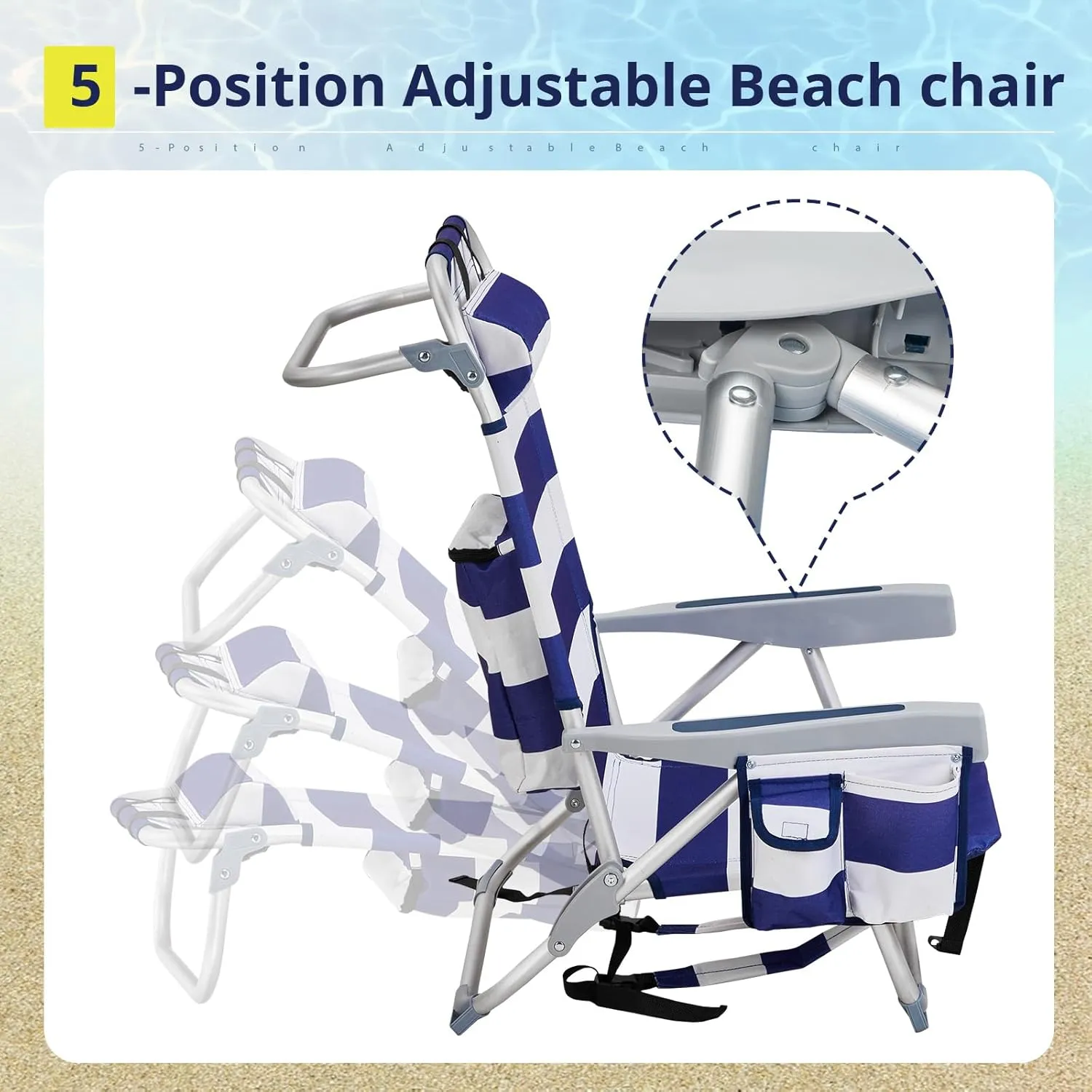 Outvita Backpack Beach Chair, 5 Level Adjustable Positions Beach Chair with Back Storage Bag, Cooler Pouch and Side Bags for Beach Poolside Lawn